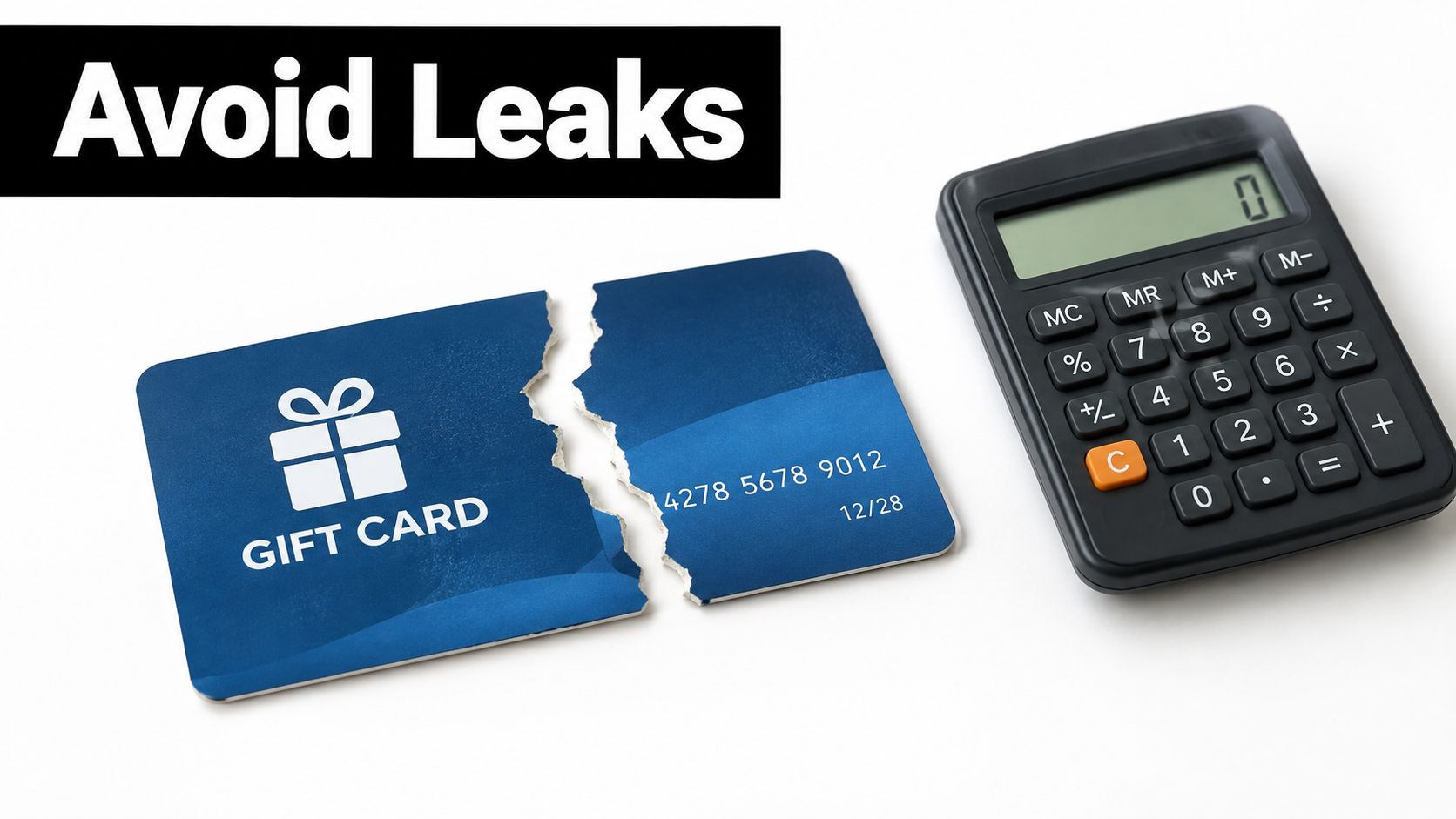 A torn blue gift card with visible numbers next to a black calculator on a white surface.