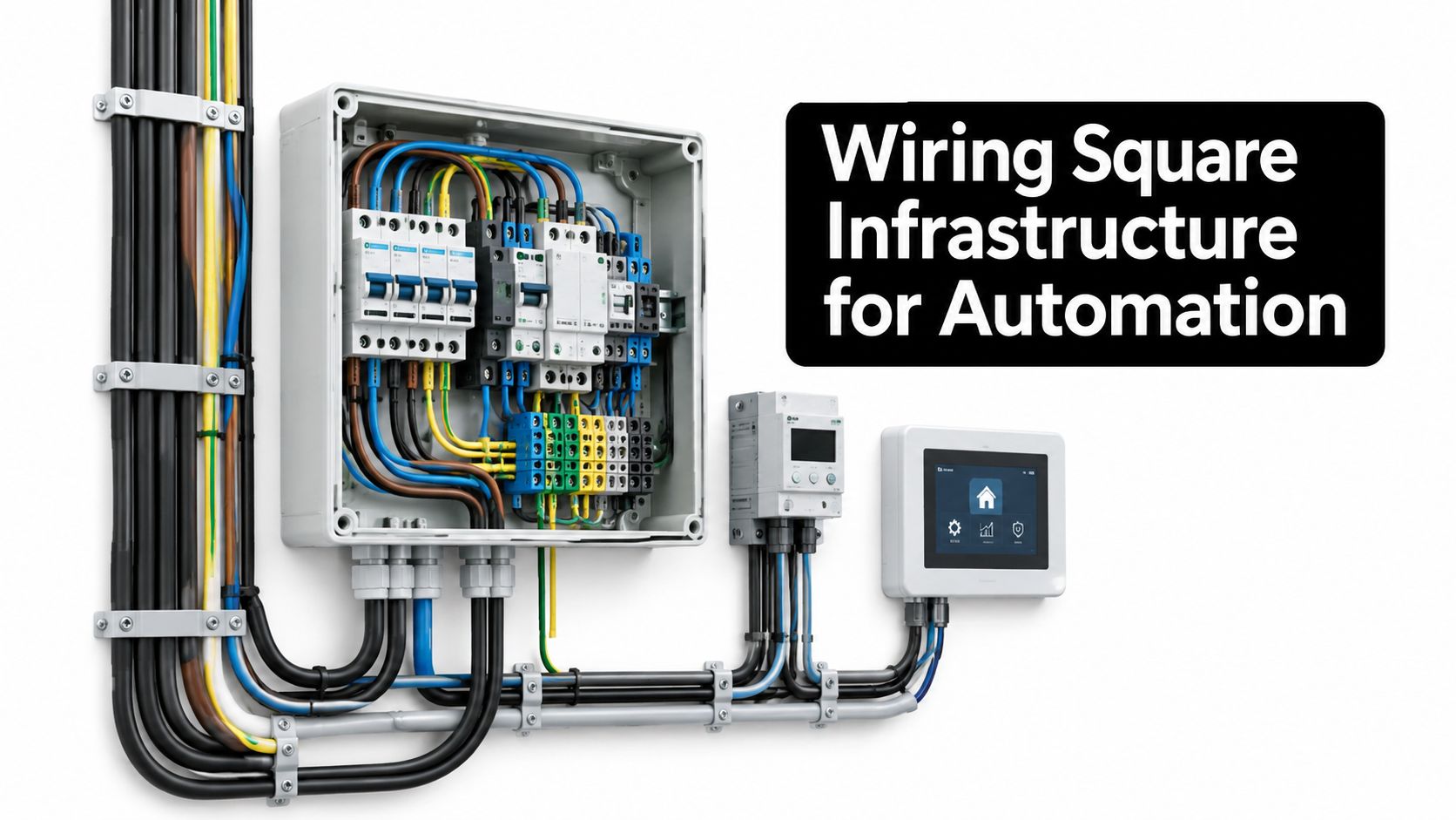 An electrical distribution box and automation screen mounted on a white wall with organized wiring.