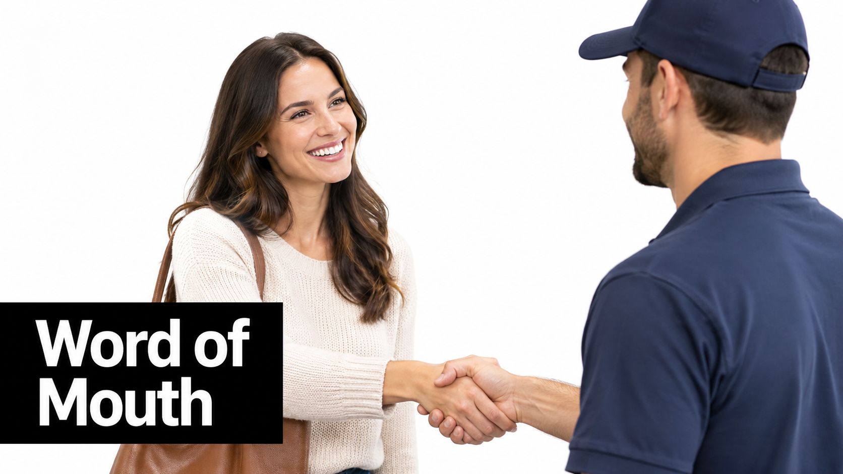 A smiling woman shaking hands with a professional service worker in a blue uniform and cap.