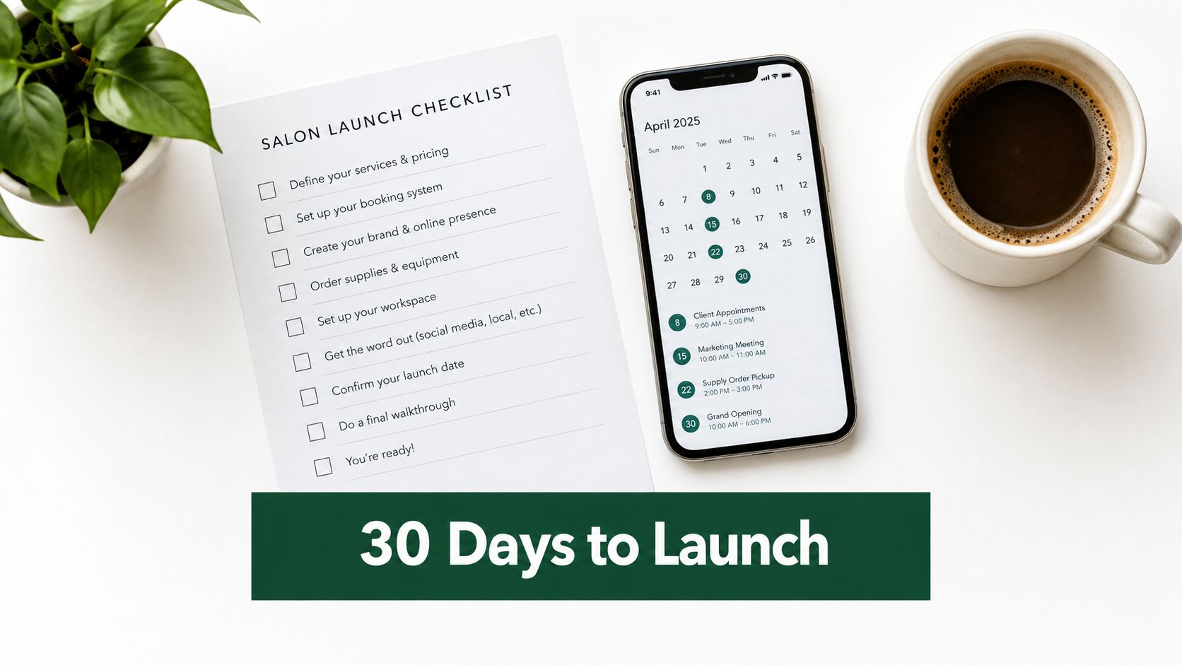 A salon launch checklist and a smartphone displaying an April 2025 calendar on a white desk.