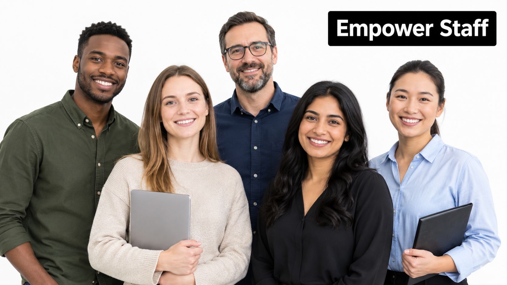 A diverse team of five professional staff members smiling while holding a laptop and folder together.