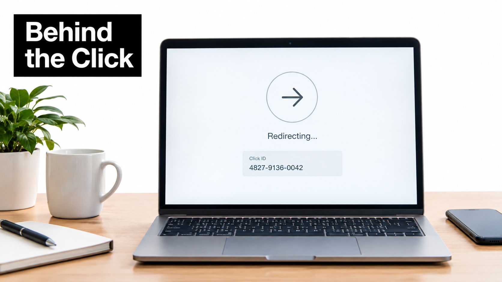 A modern laptop on a wooden desk displaying a redirecting screen with a tracking ID number.