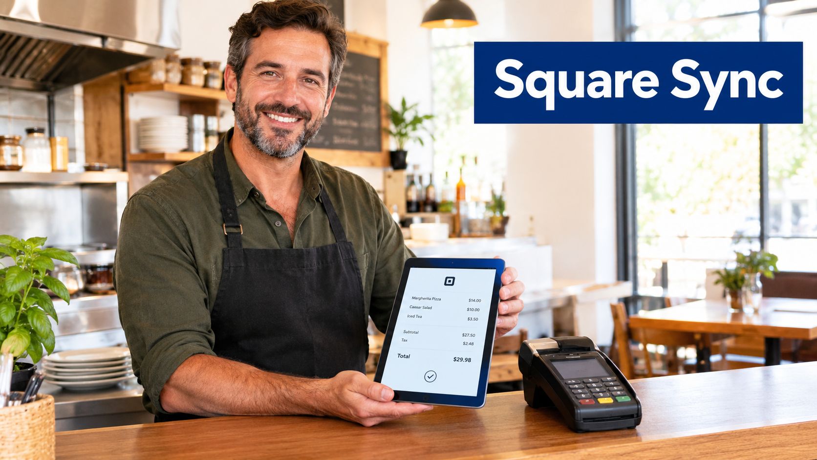 A smiling cafe worker holding a digital tablet displaying an order total in a modern restaurant setting.