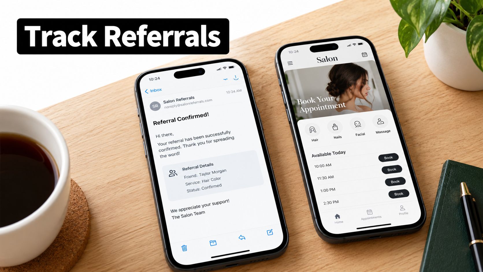 Two smartphones on a wooden desk displaying salon referral email and appointment booking app interfaces for businesses.