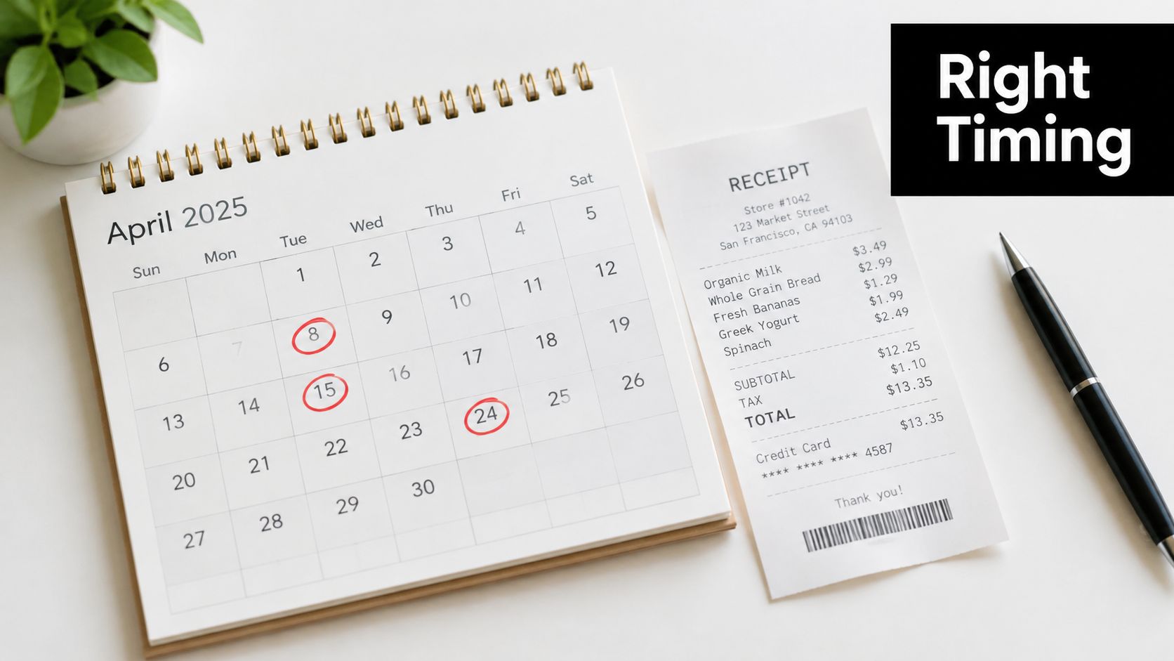 A calendar for April 2025 with circled dates next to a grocery store receipt and a pen.