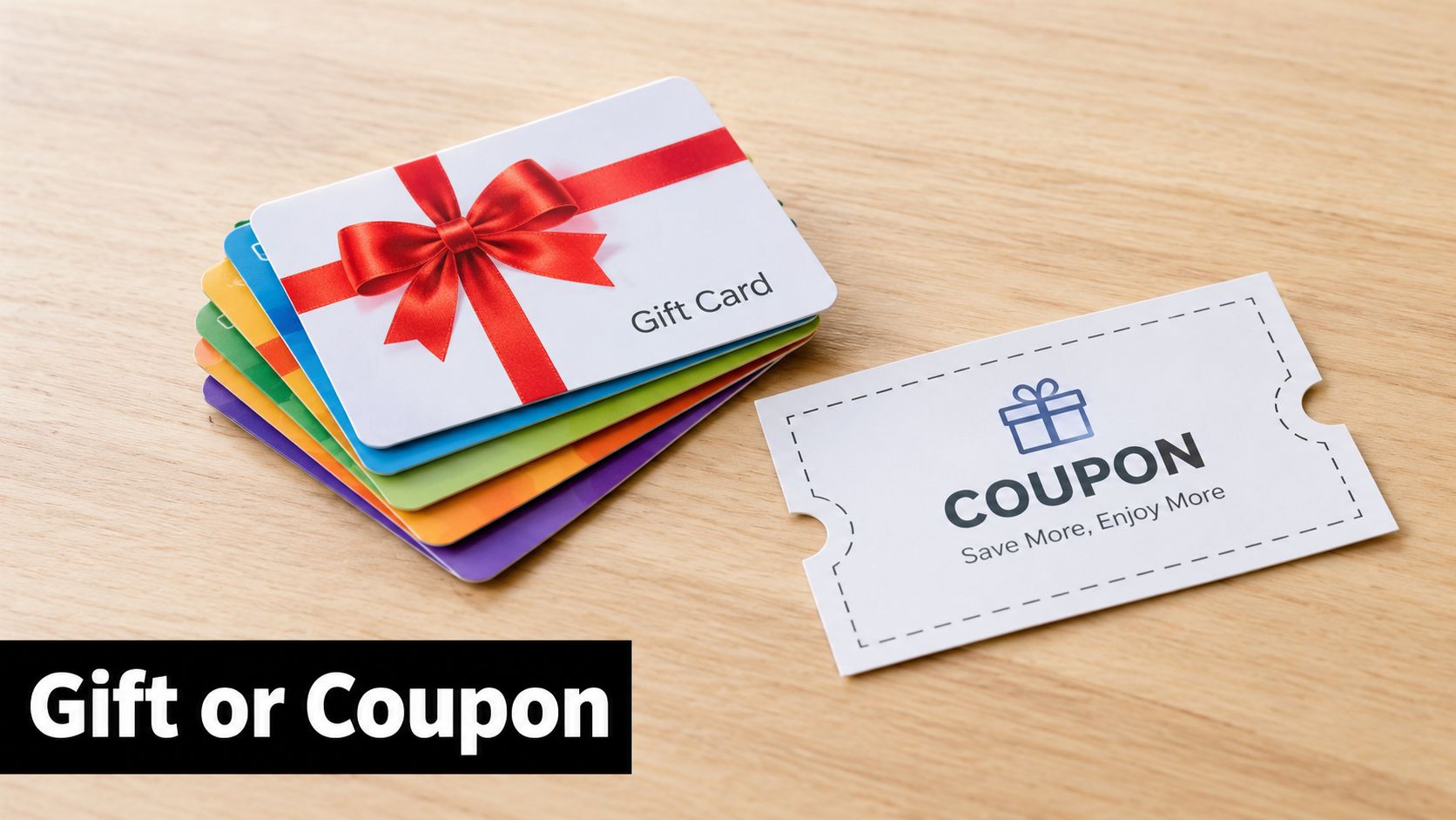 A stack of colorful gift cards with a red ribbon and a paper coupon on a desk.