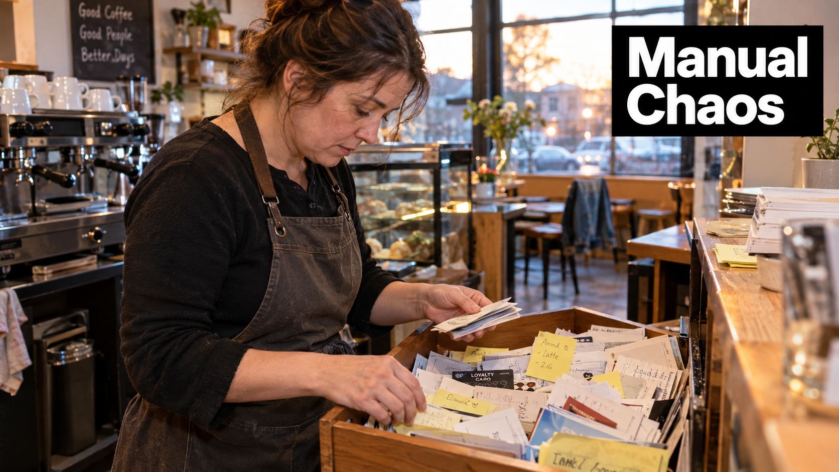 A barista in a cafe apron sorting through a wooden drawer filled with paper loyalty cards.