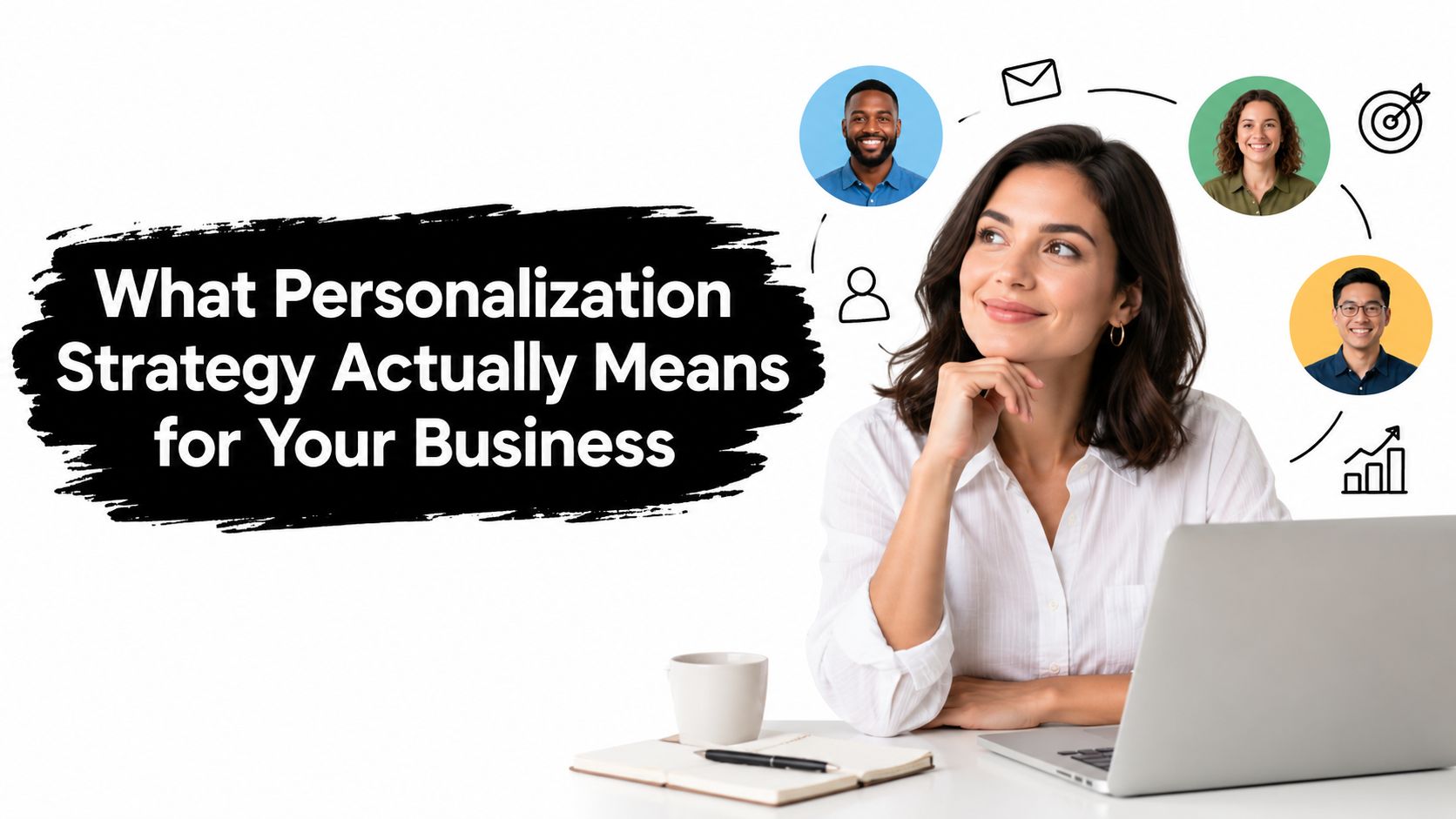 A professional woman working on a laptop with digital marketing icons and diverse people portraits above.