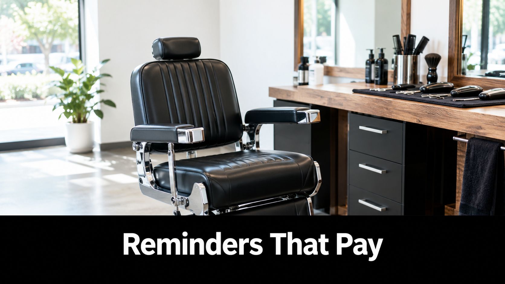 A professional barber shop chair sits in front of a clean, modern vanity with salon tools.