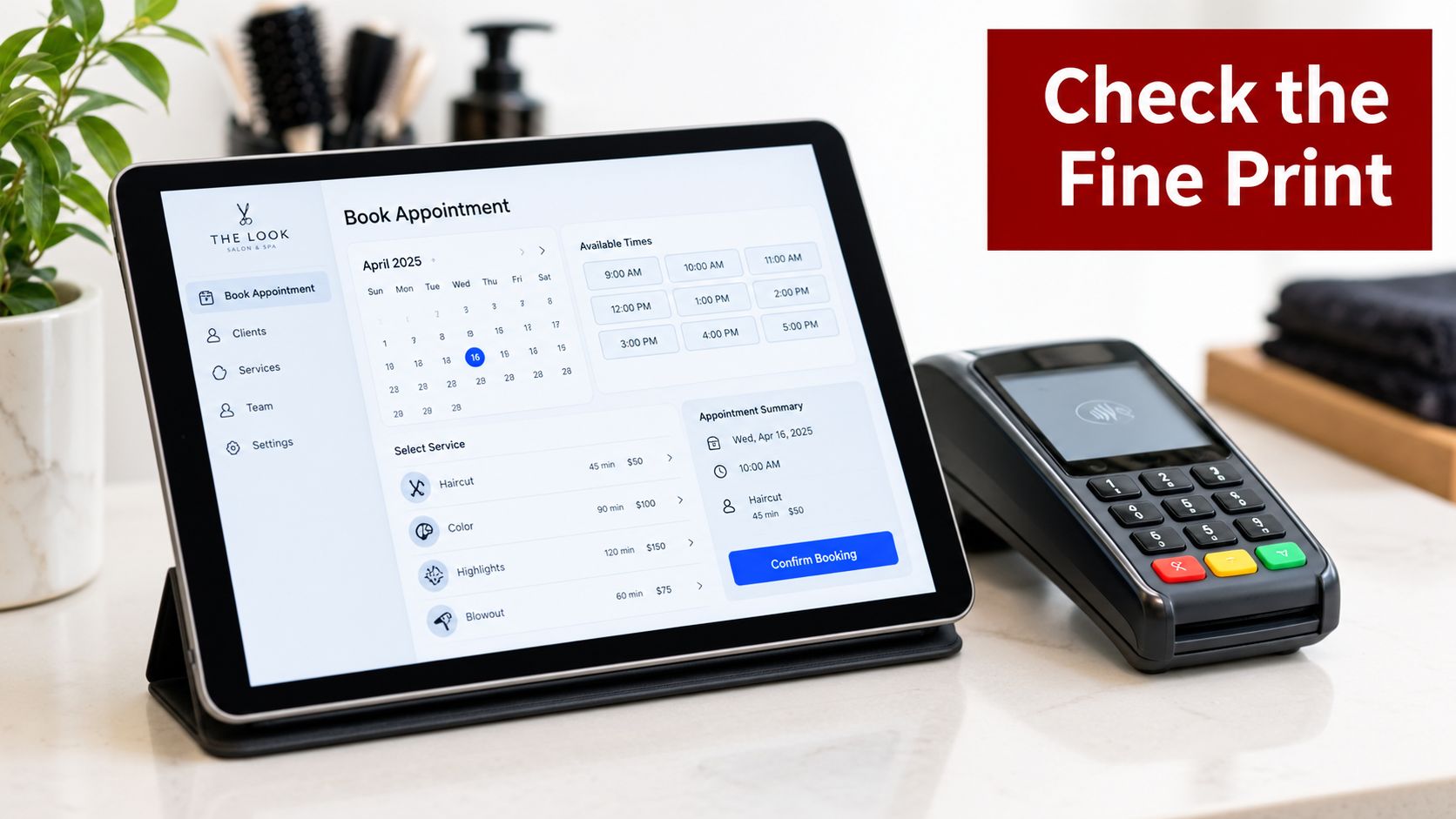 A digital tablet displaying an appointment booking interface next to a credit card terminal on a counter.