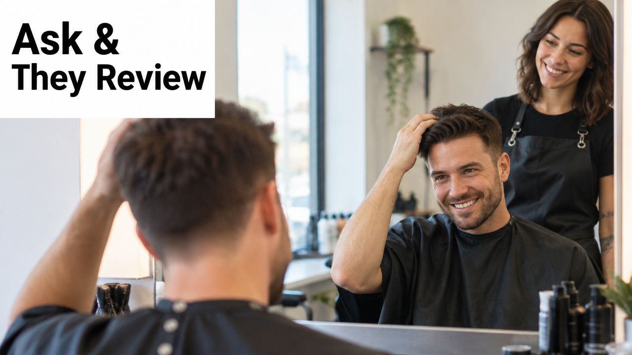 A smiling barber shows her male client his new haircut in the mirror at a salon.