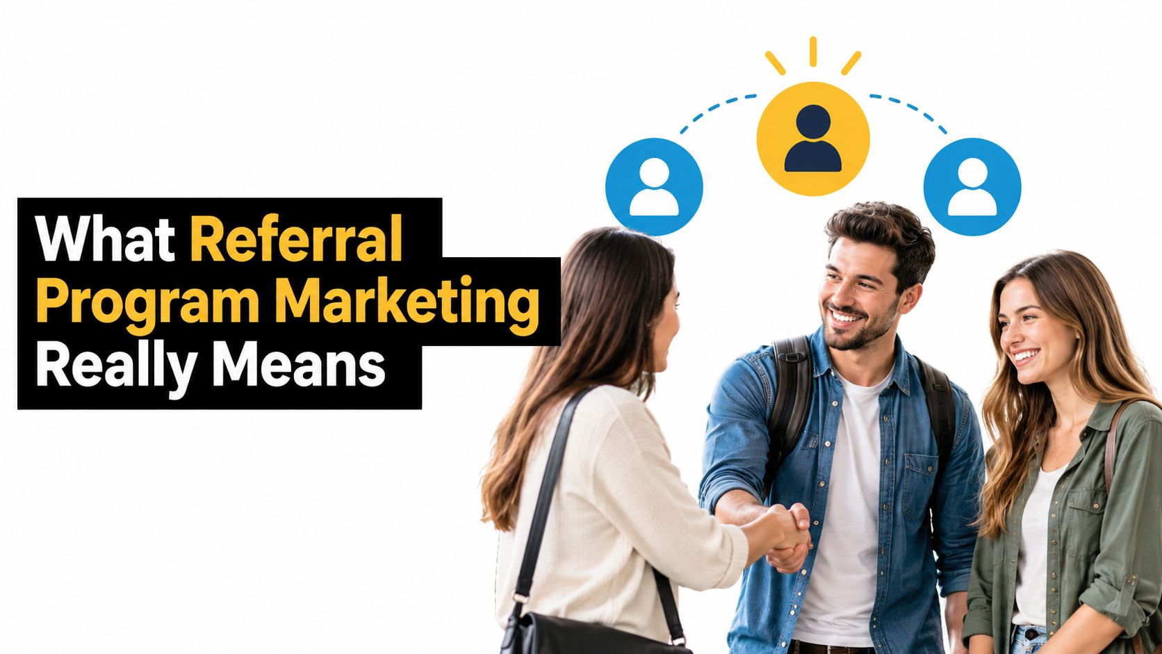 A man shaking hands with a woman while another woman smiles, representing referral program marketing concepts.