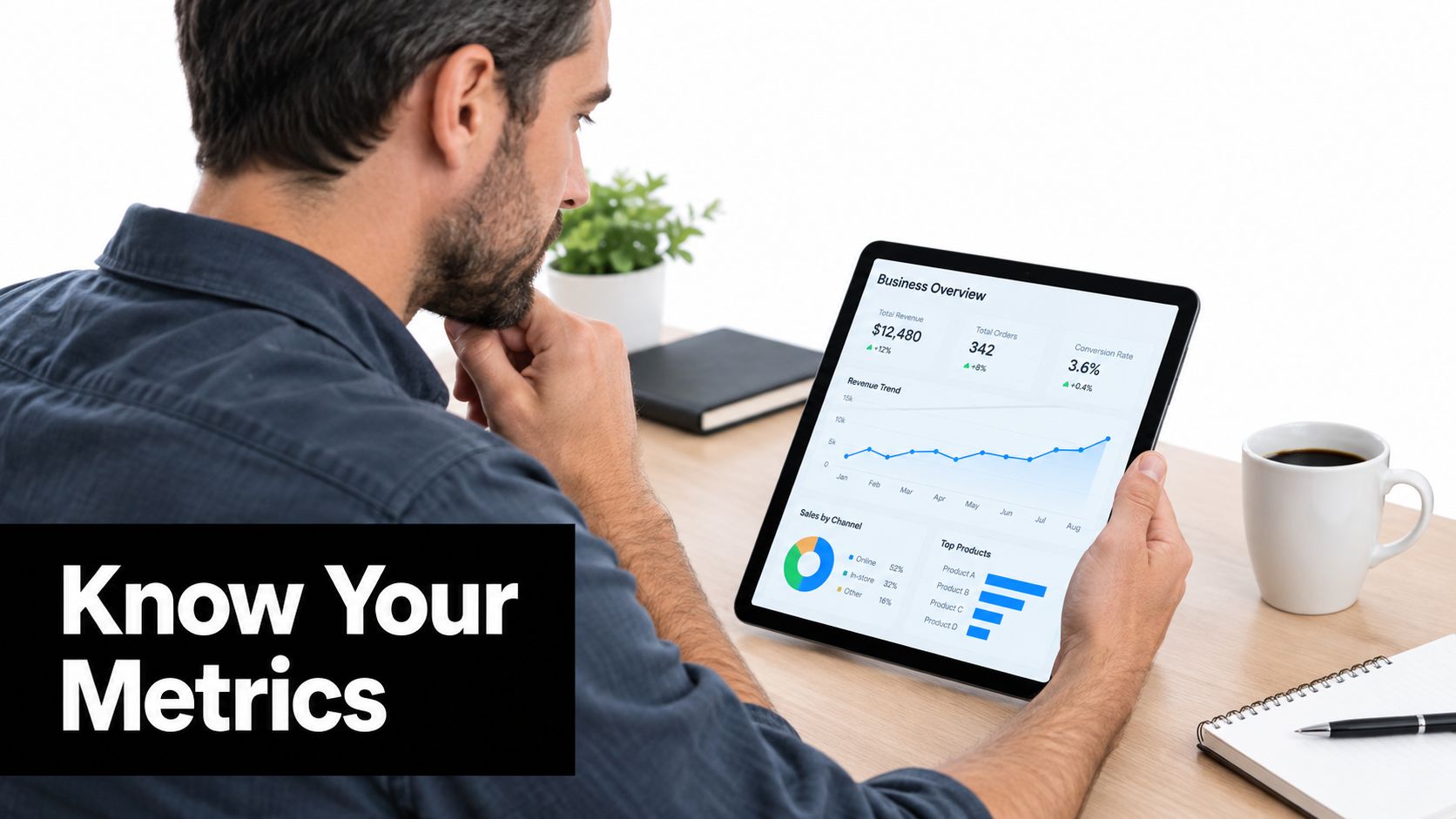A man wearing a blue shirt reviewing business metrics on a tablet while sitting at a desk.