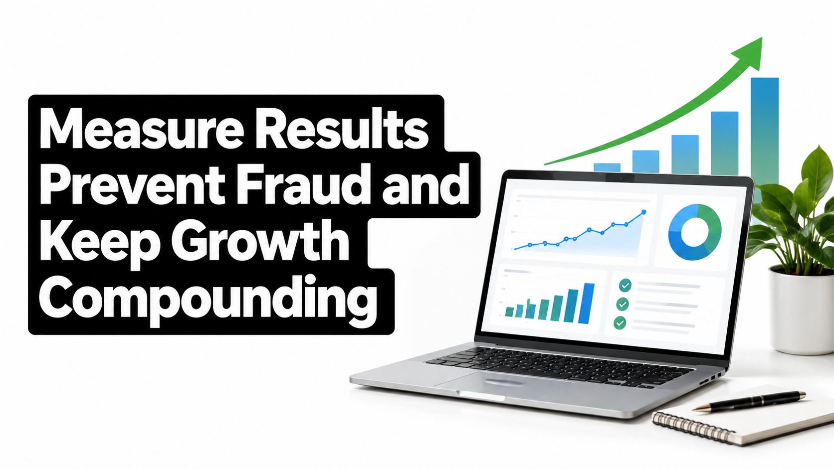 A laptop displaying business analytics charts next to a plant, highlighting growth and fraud prevention strategies.