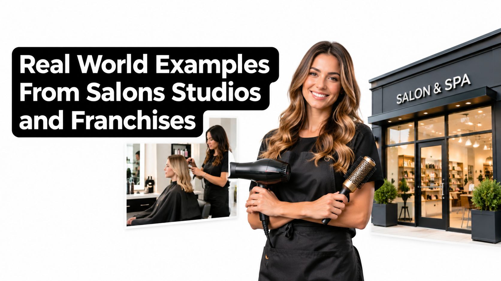 A professional hairstylist posing in front of a modern salon and spa storefront with client services.