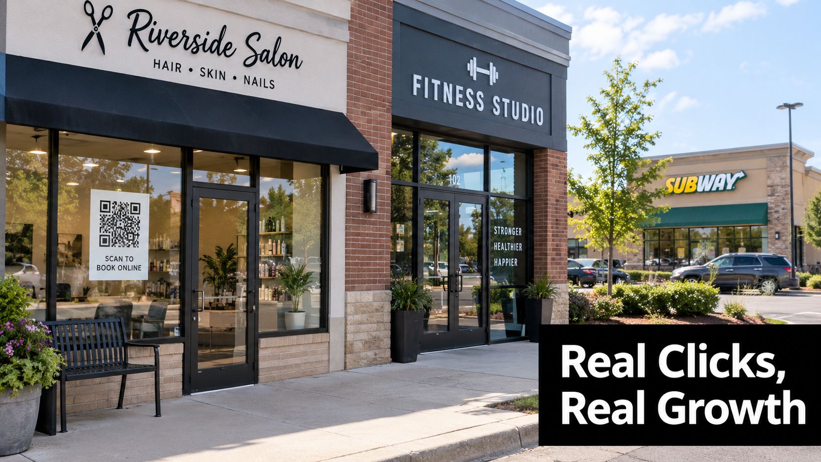 A row of storefronts in a modern shopping plaza including a hair salon and fitness studio.