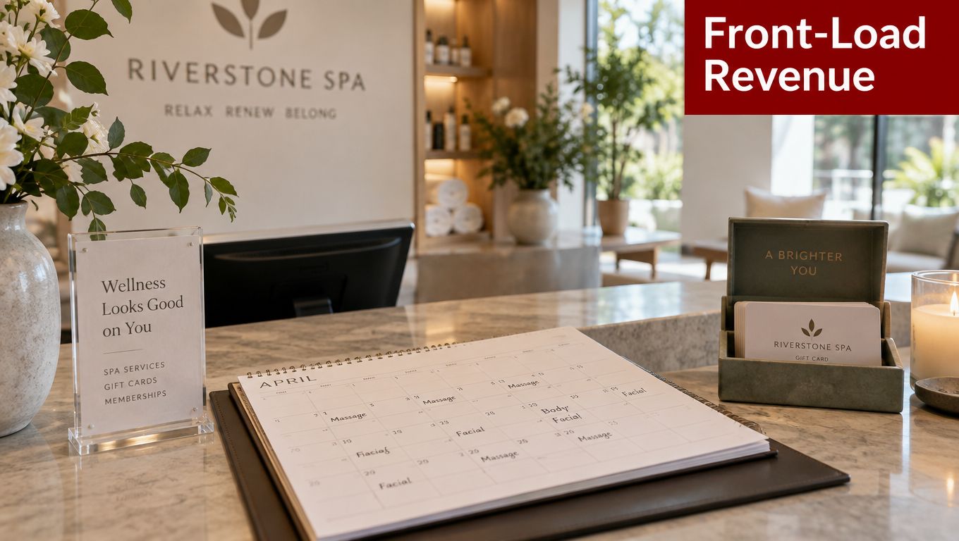 A reception desk at Riverstone Spa featuring a calendar with scheduled appointments and a gift card display.