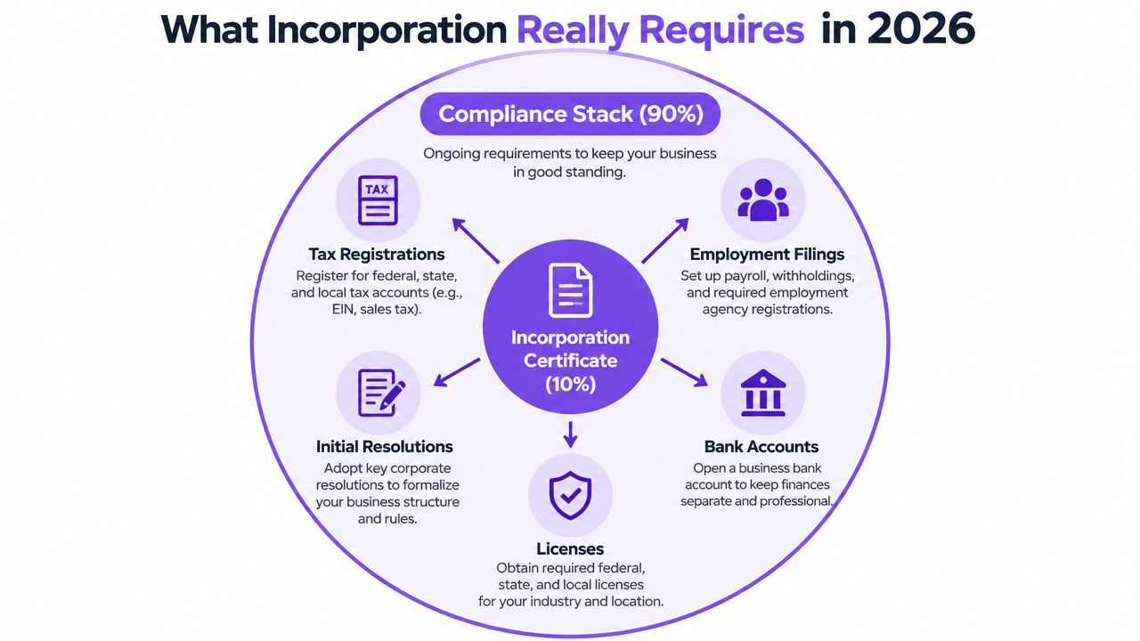 A diagram illustrating that business incorporation involves a 10% certificate and a 90% ongoing compliance stack.