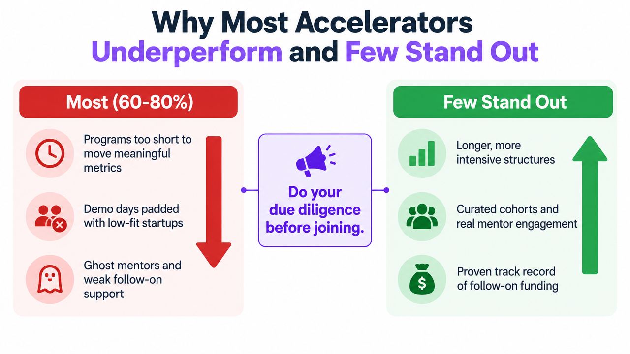 A comparison chart showing why most startup accelerators underperform versus the features of successful top-tier programs.