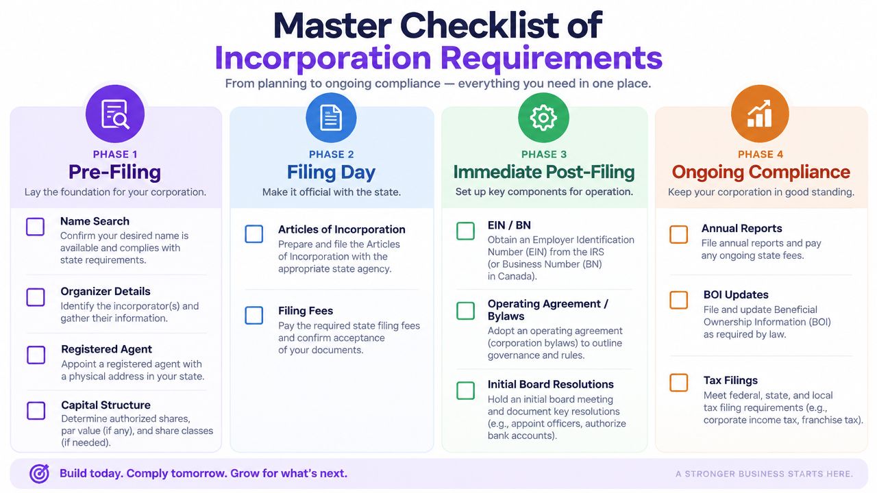 A comprehensive checklist outlining four phases of corporate incorporation requirements from pre-filing to ongoing compliance tasks.