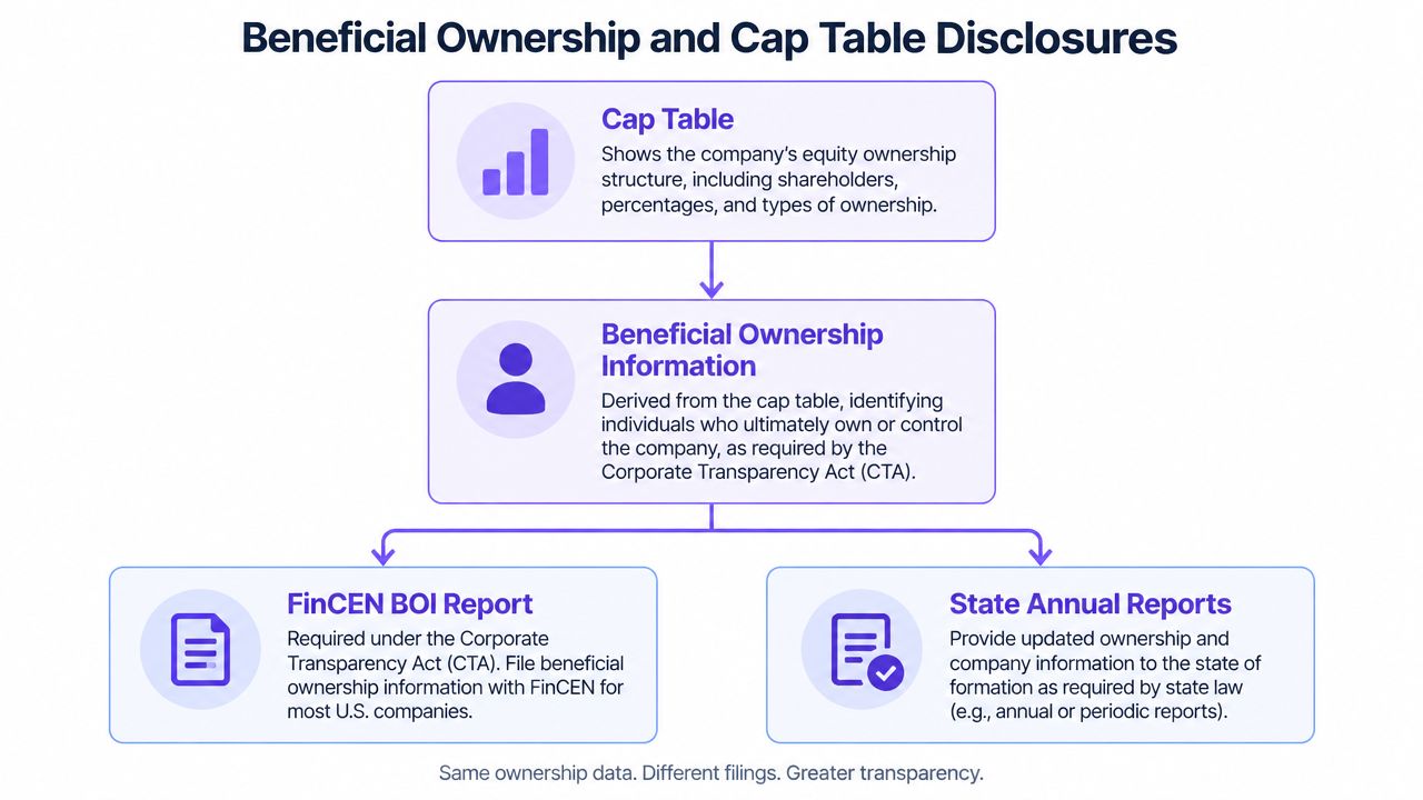 A flow chart explaining the relationship between company cap tables, beneficial ownership information, and regulatory reporting requirements.