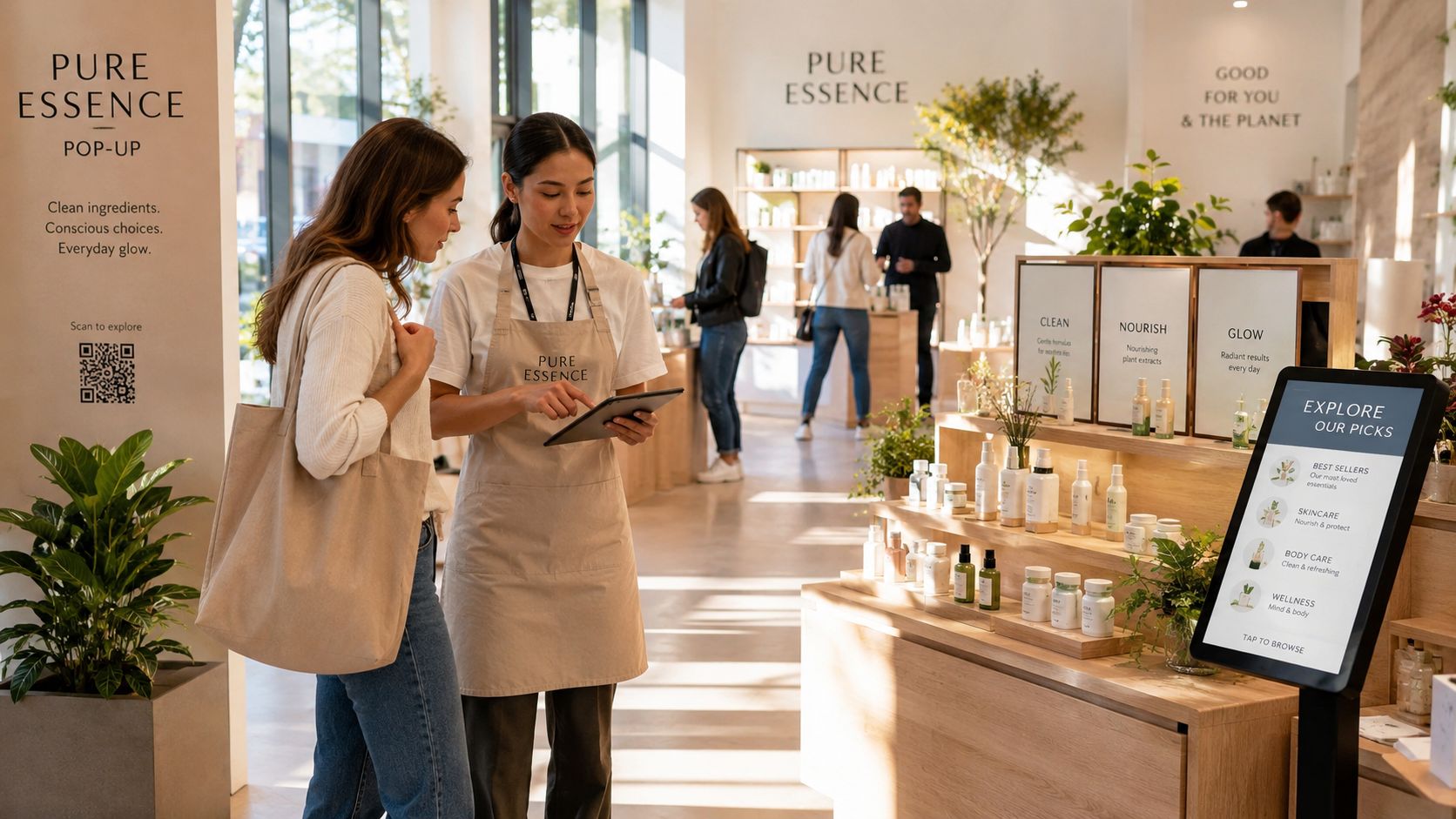 A store employee assisting a customer with a tablet in a modern sustainable cosmetics pop-up shop.