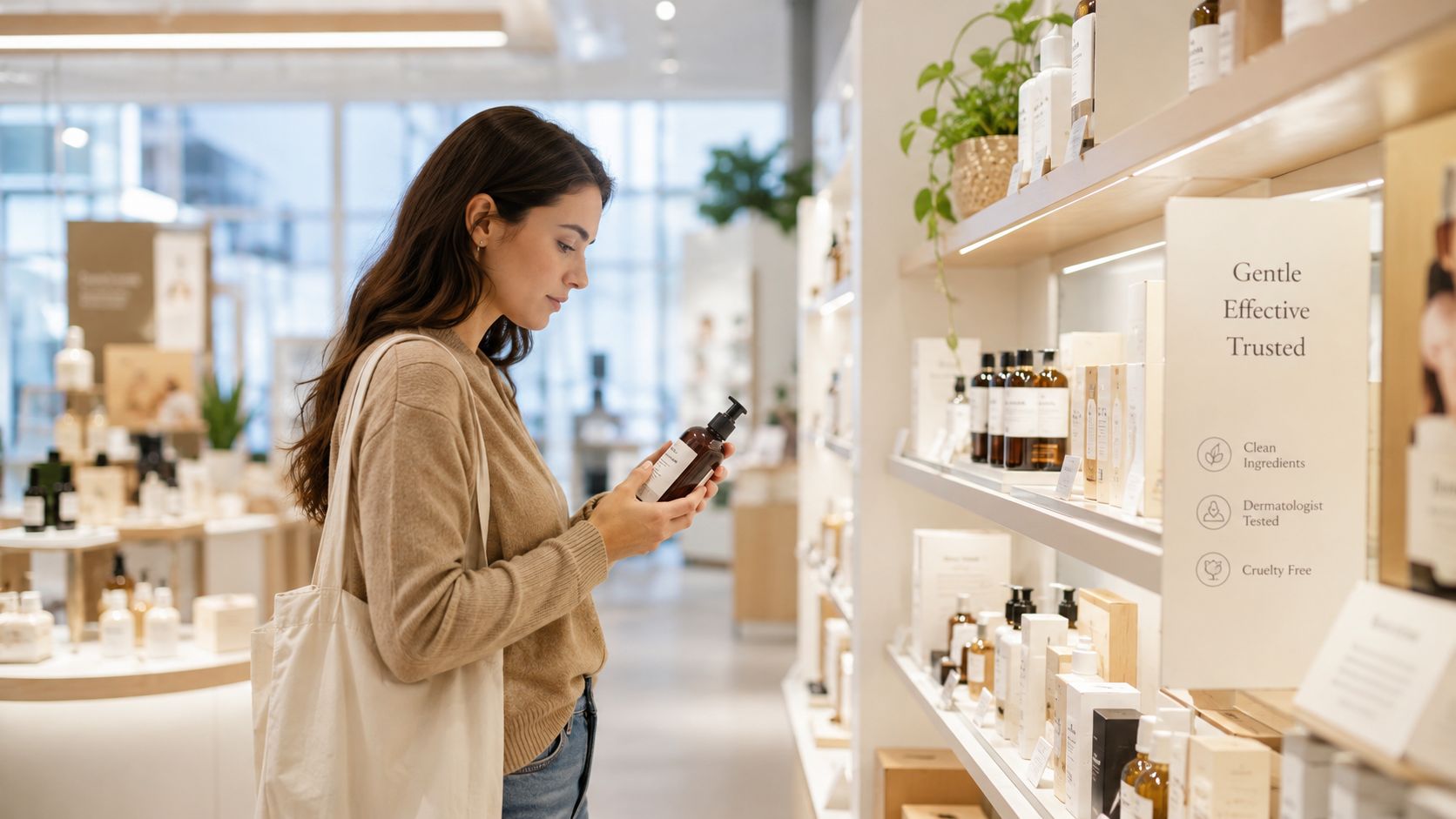 A woman shopping for skincare products in a clean, modern retail store with natural aesthetic shelves.