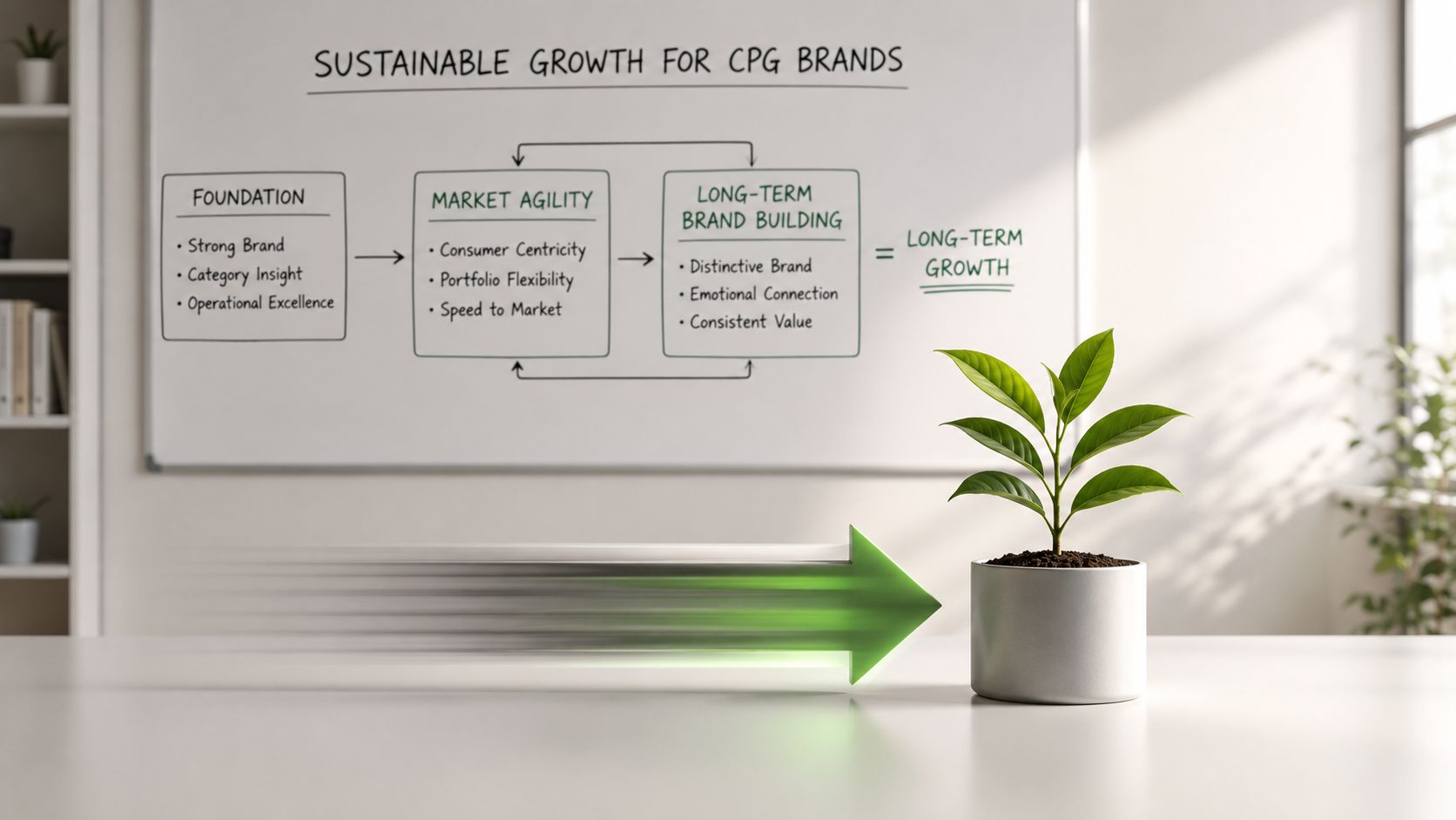 A whiteboard illustration depicting a framework for sustainable CPG brand growth, featuring a small green plant.