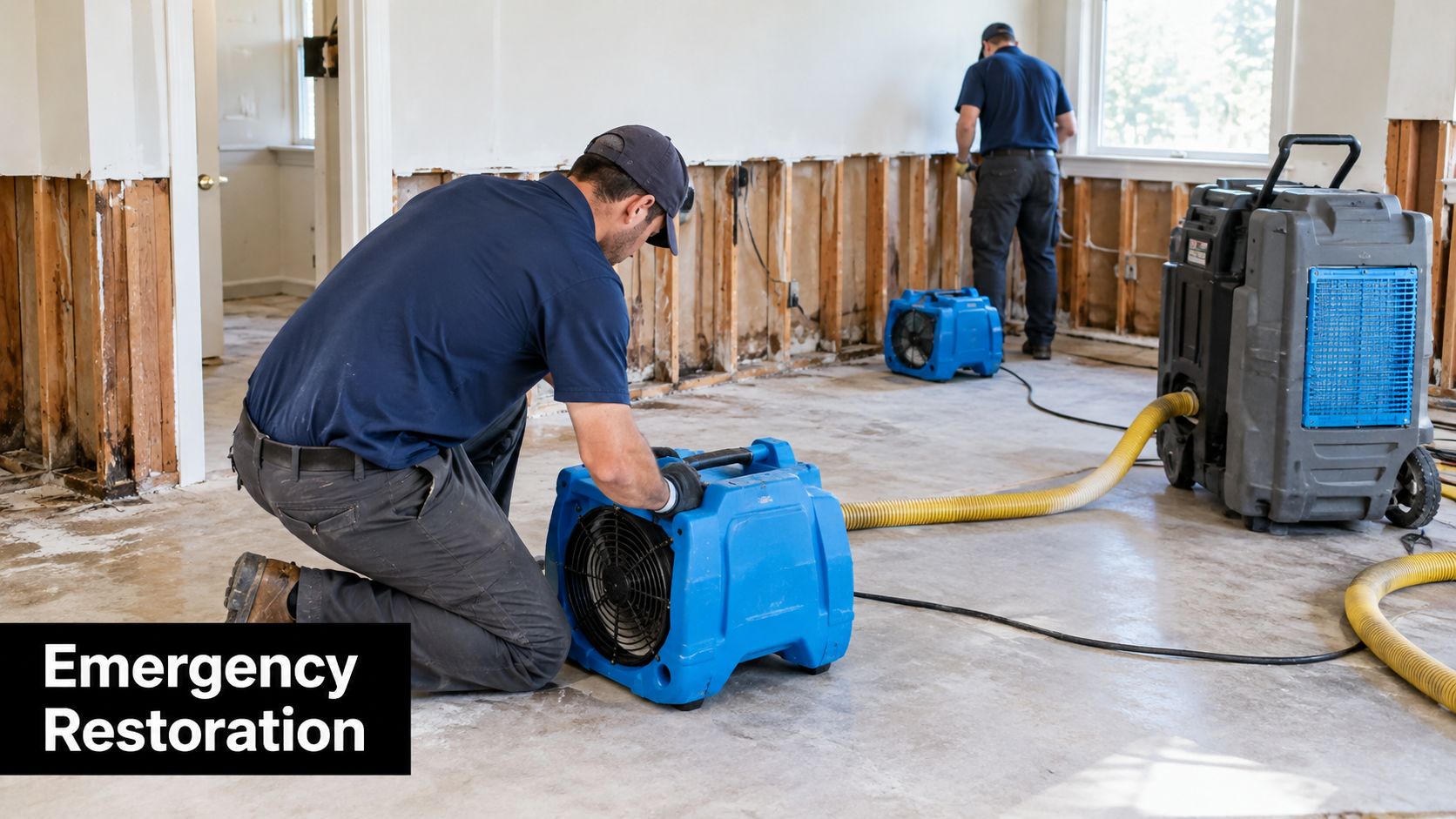 A professional technician setting up blue industrial drying equipment in a room undergoing emergency water damage restoration.