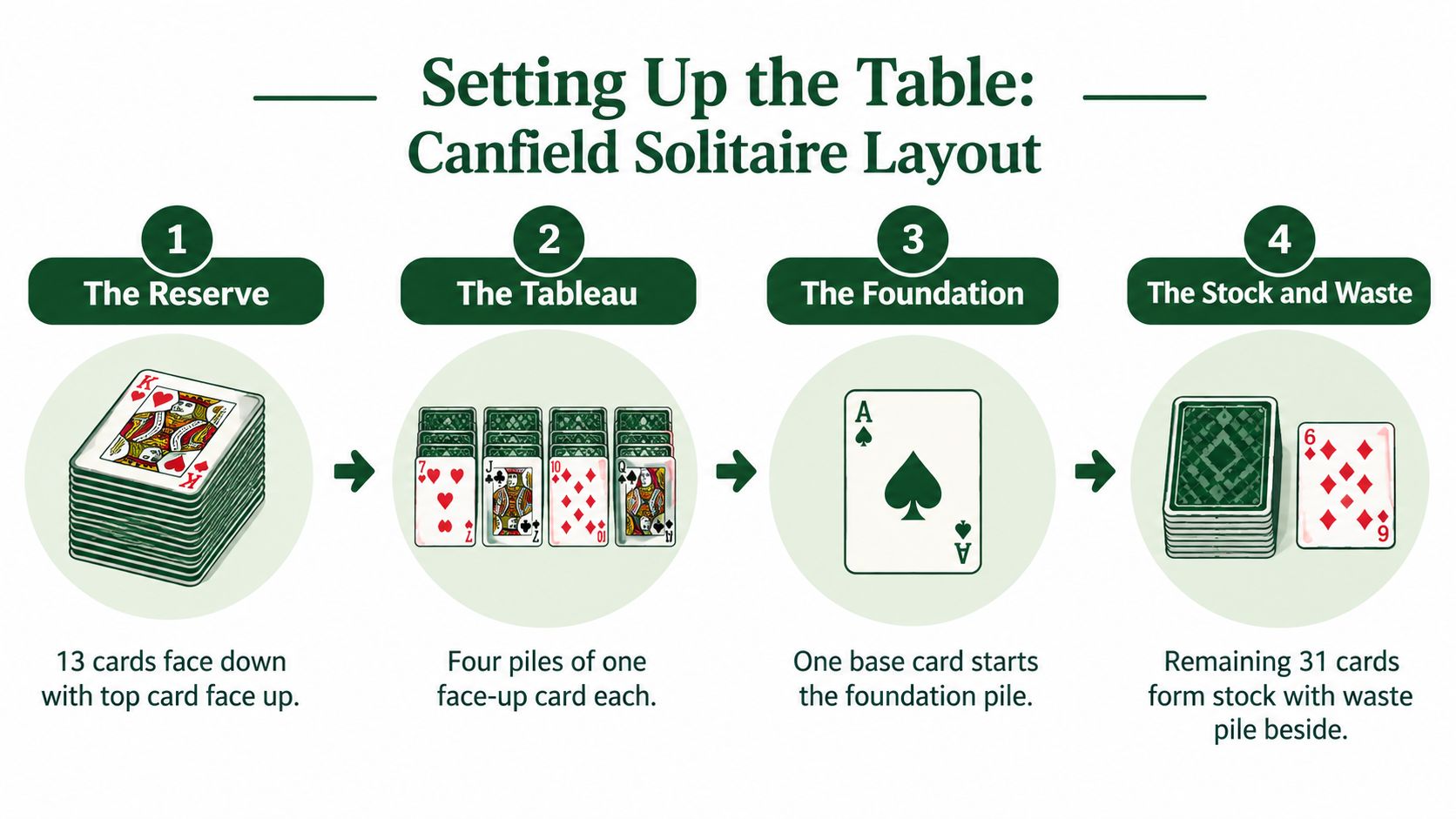 A diagram illustrating the setup steps for Canfield Solitaire, including the reserve, tableau, foundation, and stock.