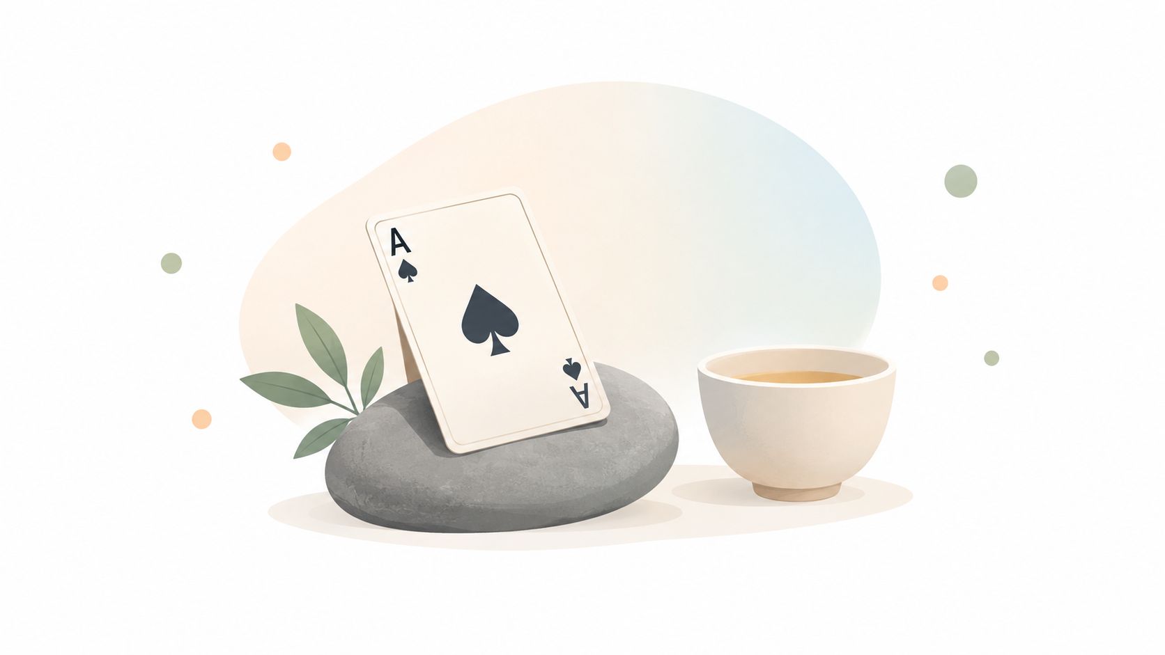 A playing card showing the ace of spades resting on a gray stone next to a teacup.