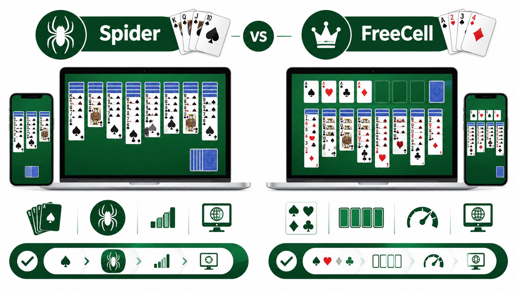 A comparison graphic showing features of Spider Solitaire and FreeCell card games on mobile and desktop platforms.