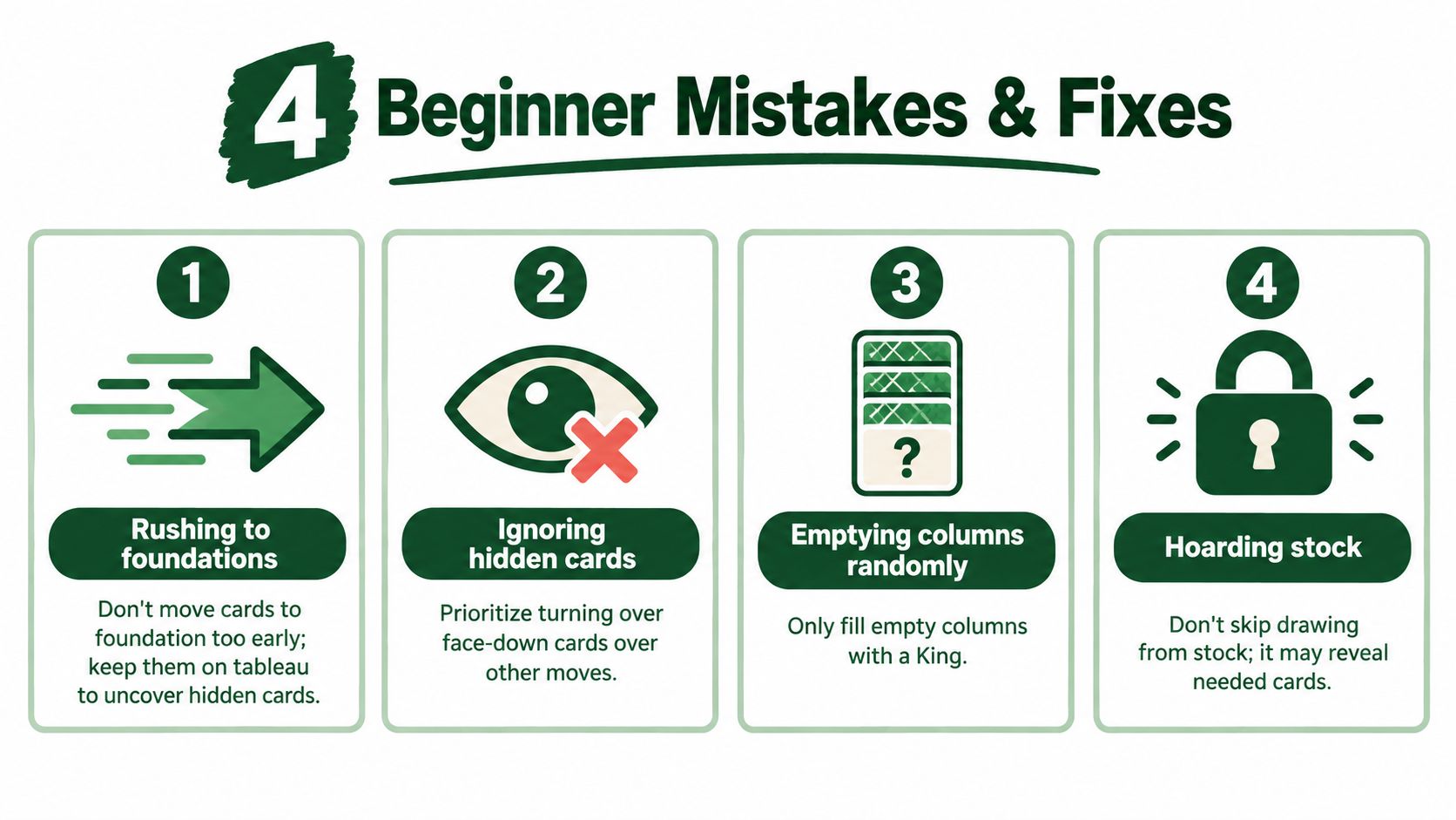 A helpful infographic outlining four common solitaire mistakes and strategies to improve gameplay for beginners.