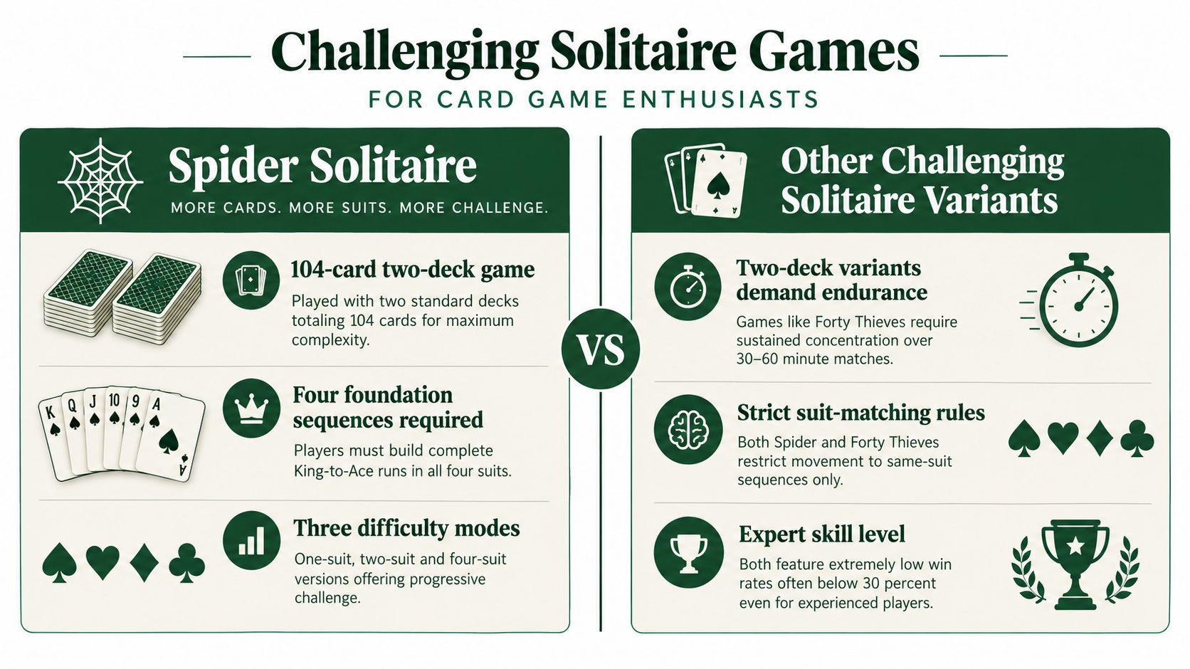A comparison chart showing features of Spider Solitaire versus other challenging solitaire card game variants.