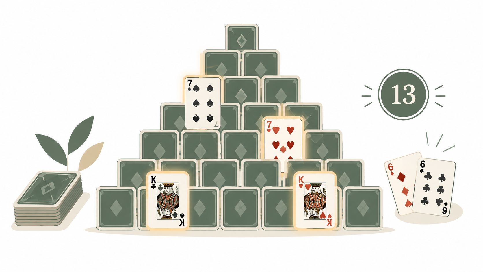 A visually appealing pyramid solitaire game featuring face-up kings and sevens, with a draw pile nearby.