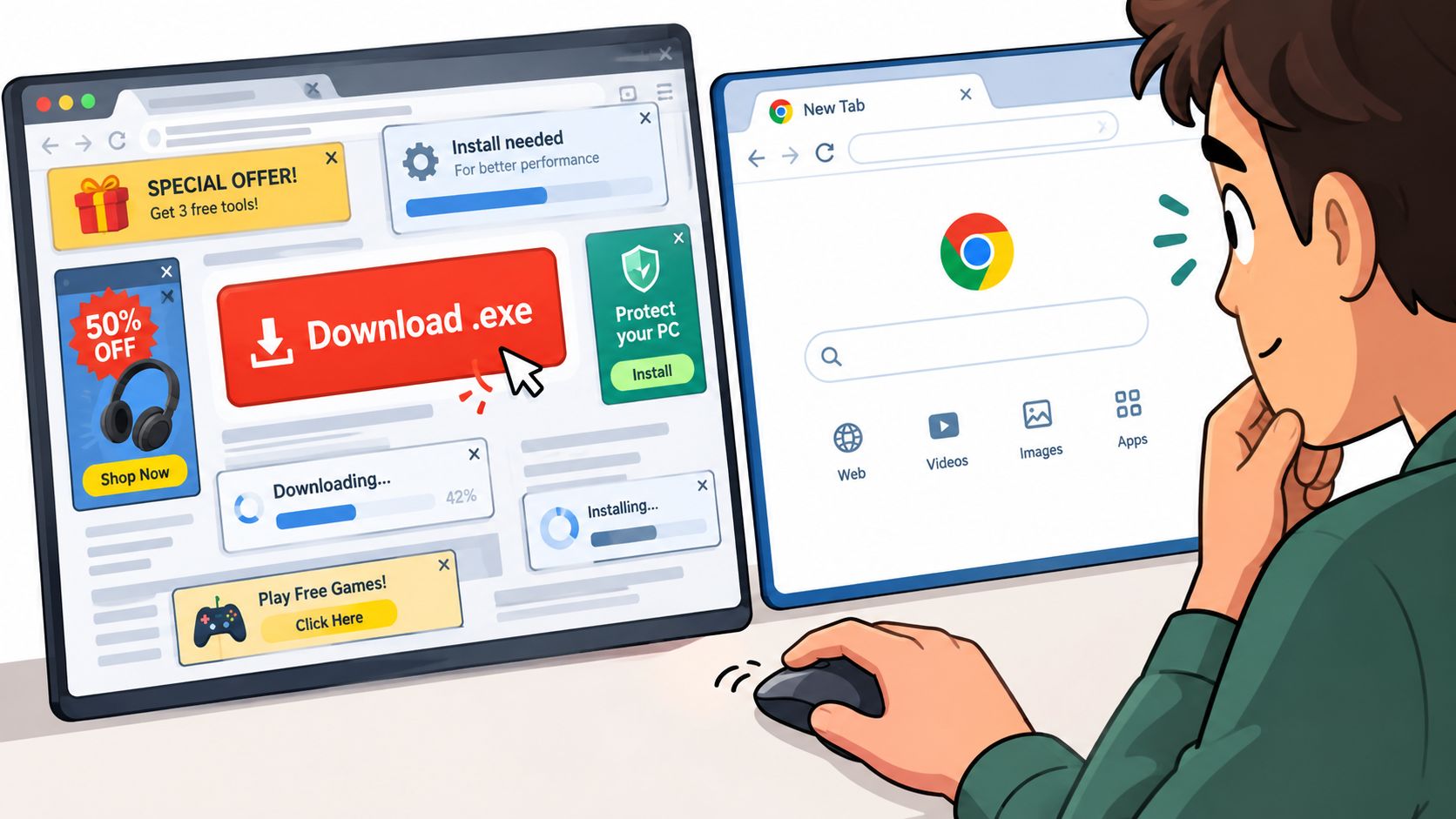 A person browsing the internet clicking on a suspicious download exe file on a web page.