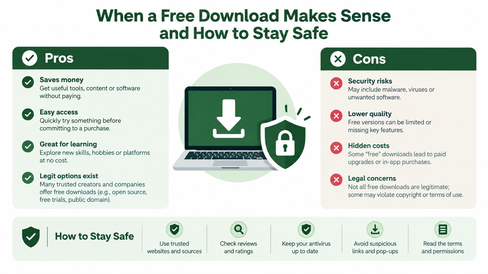 An infographic titled When a Free Download Makes Sense and How to Stay Safe with pros, cons, and tips.