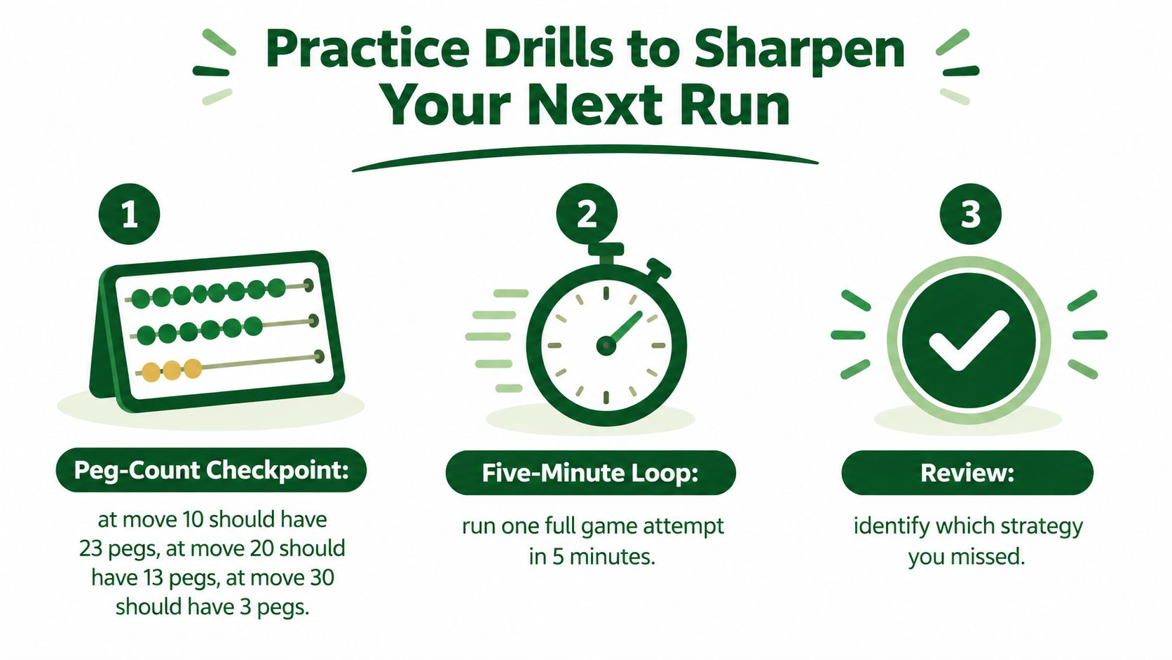 A diagram illustrating three practice drills to improve marble solitaire gameplay speed and strategy performance.