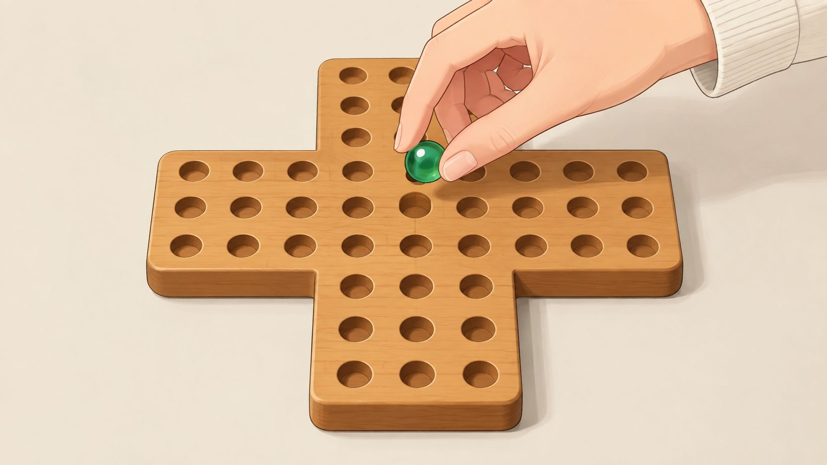 A hand moves a green marble on a wooden board for a solitaire peg game.