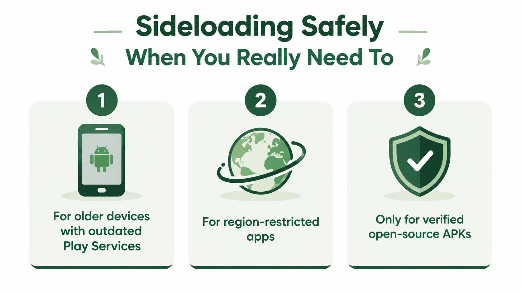 An infographic titled Sideloading Safely, outlining three legitimate reasons to manually install Android applications.