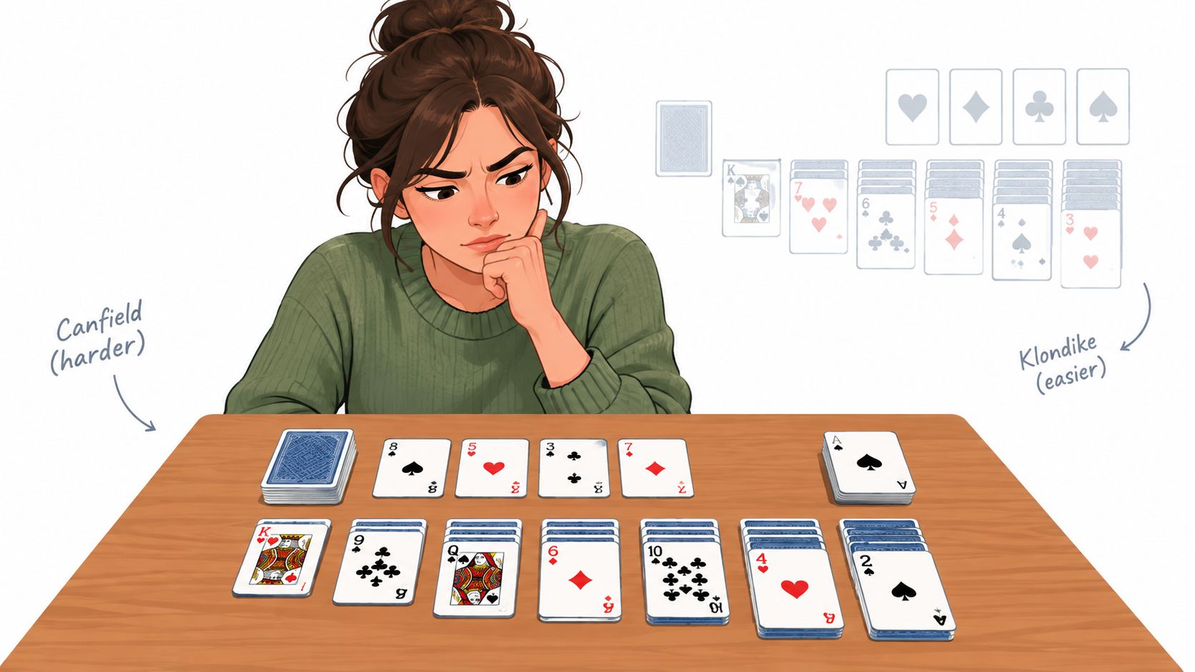 A girl thoughtfully playing solitaire, with layouts for Canfield and Klondike card games displayed on a wooden table.