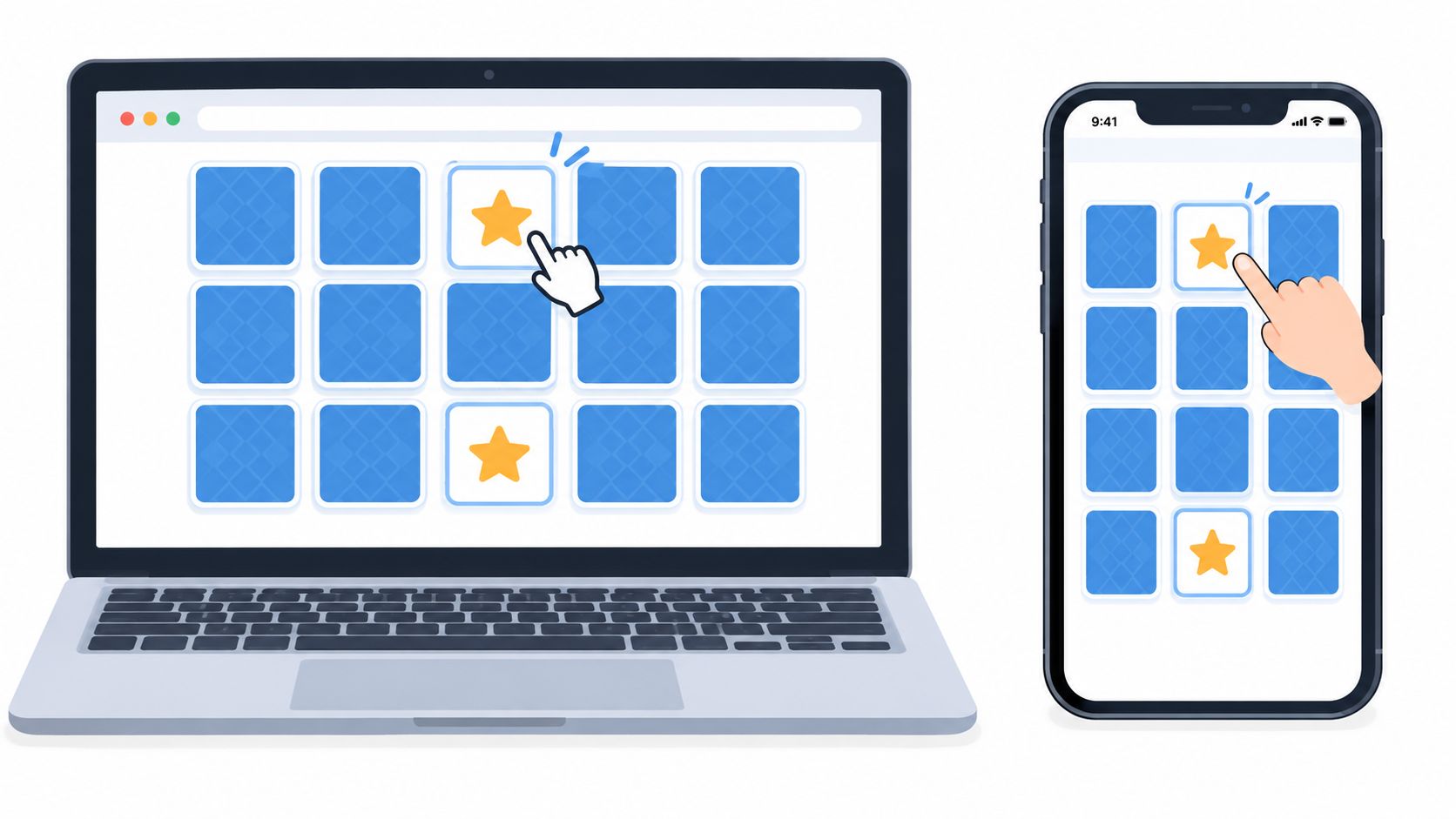 A laptop and a smartphone displaying a matching memory concentration card game with stars.