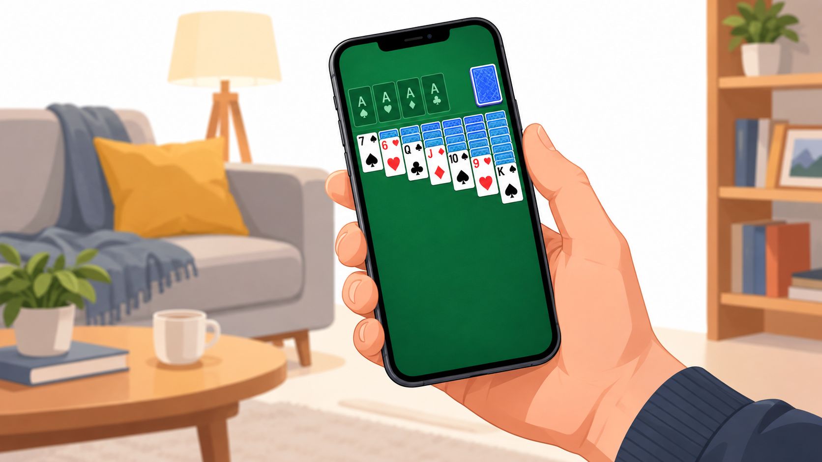 A hand holding a smartphone displaying a game of solitaire in a cozy living room setting.