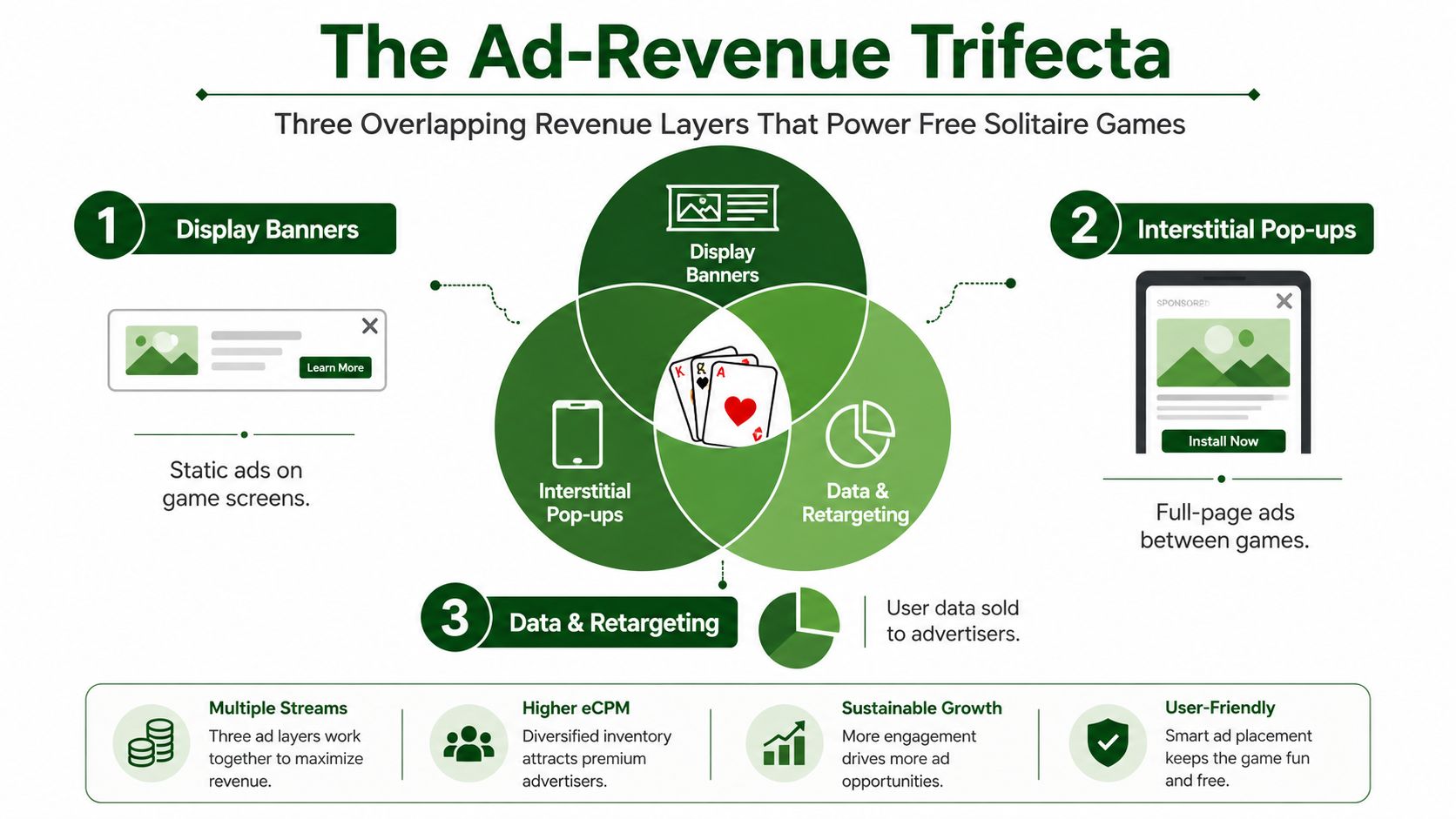 An infographic titled The Ad-Revenue Trifecta explaining how display banners, interstitial pop-ups, and data retargeting power free solitaire games.