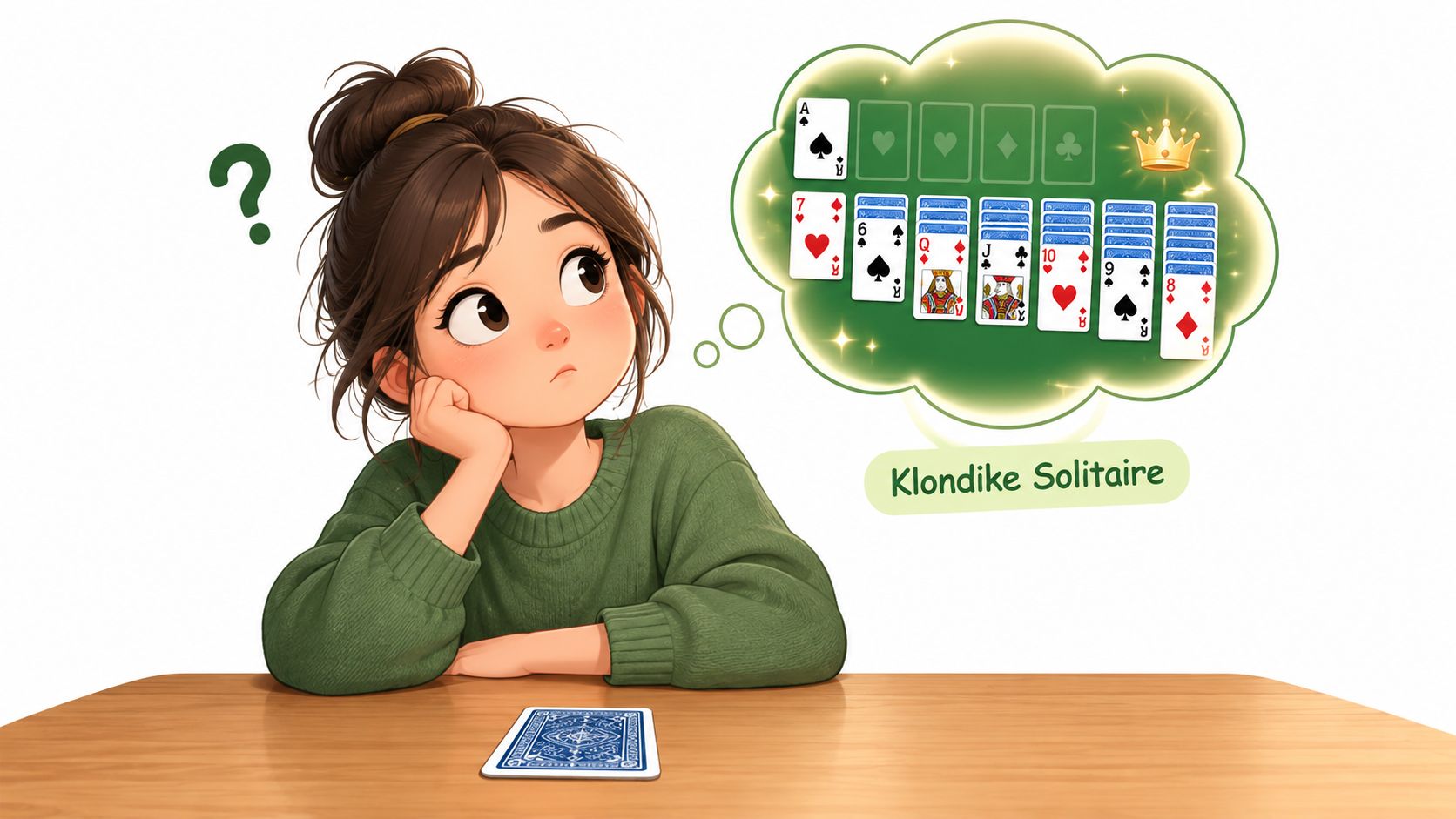 A cute cartoon girl wearing a green sweater thinking about playing a game of Klondike Solitaire.