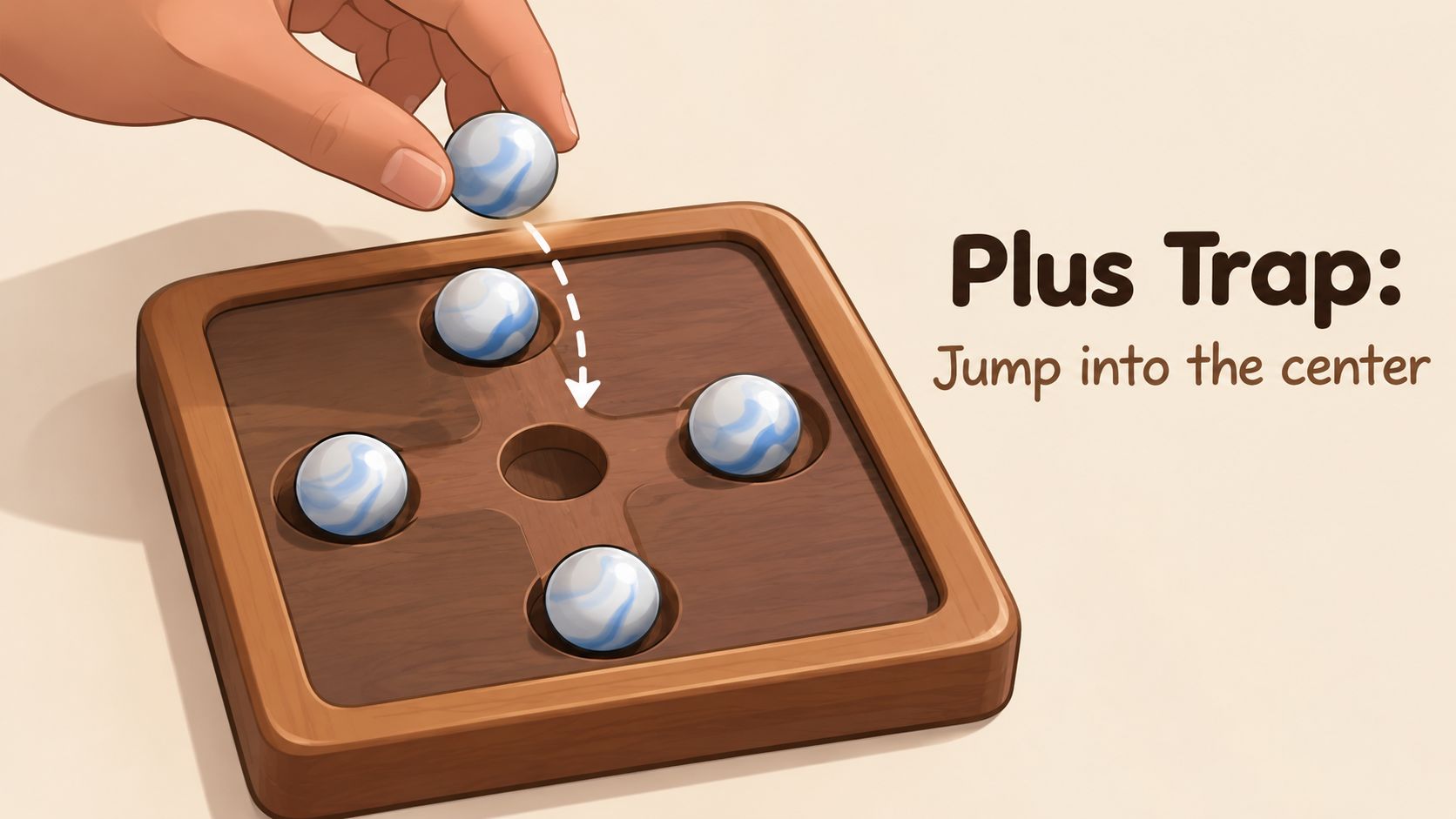A hand placing a marble into the center hole of a wooden plus-shaped solitaire game board.
