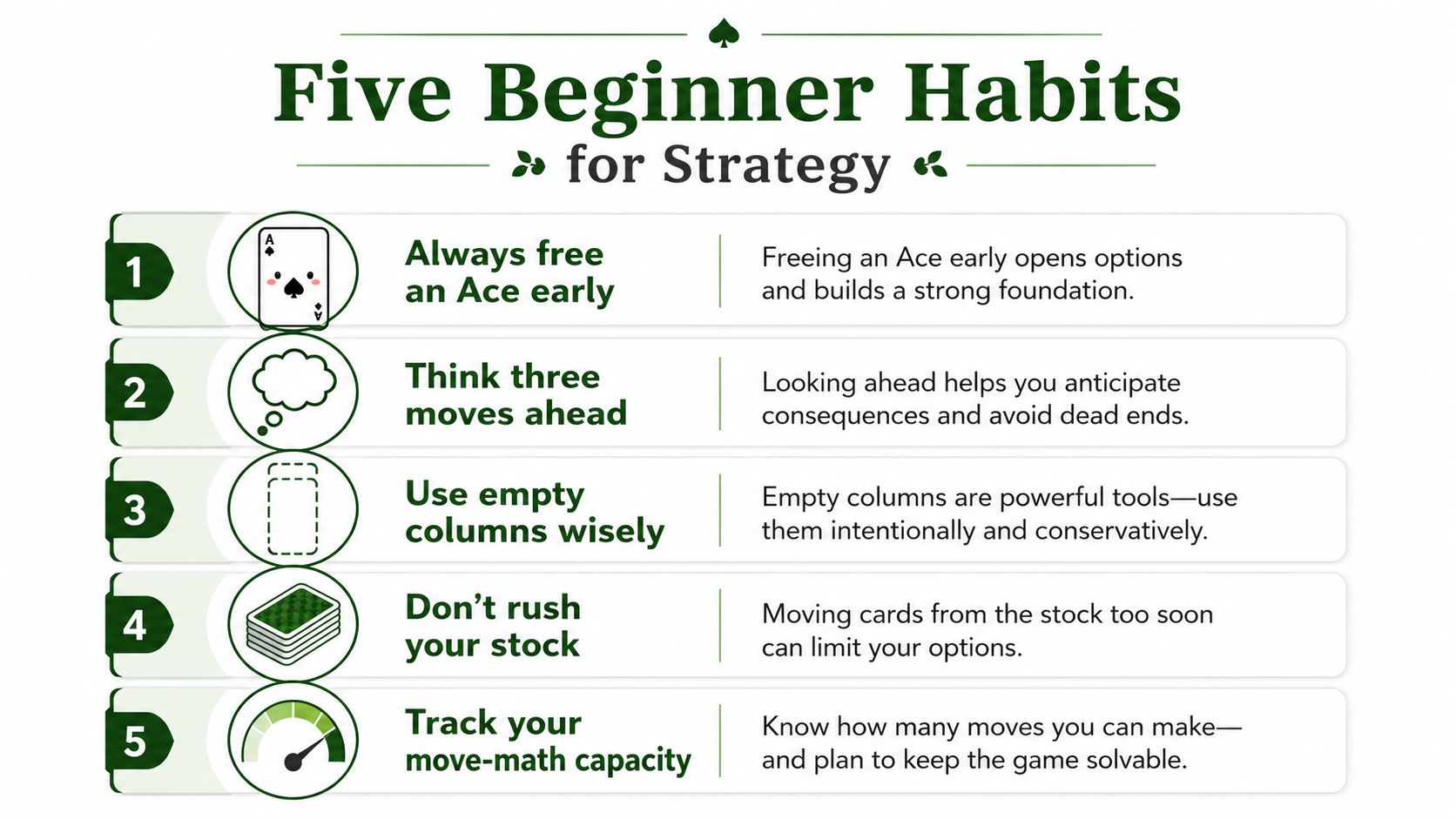 An infographic titled Five Beginner Habits for Strategy featuring a numbered list of tips for playing Eight Off solitaire.