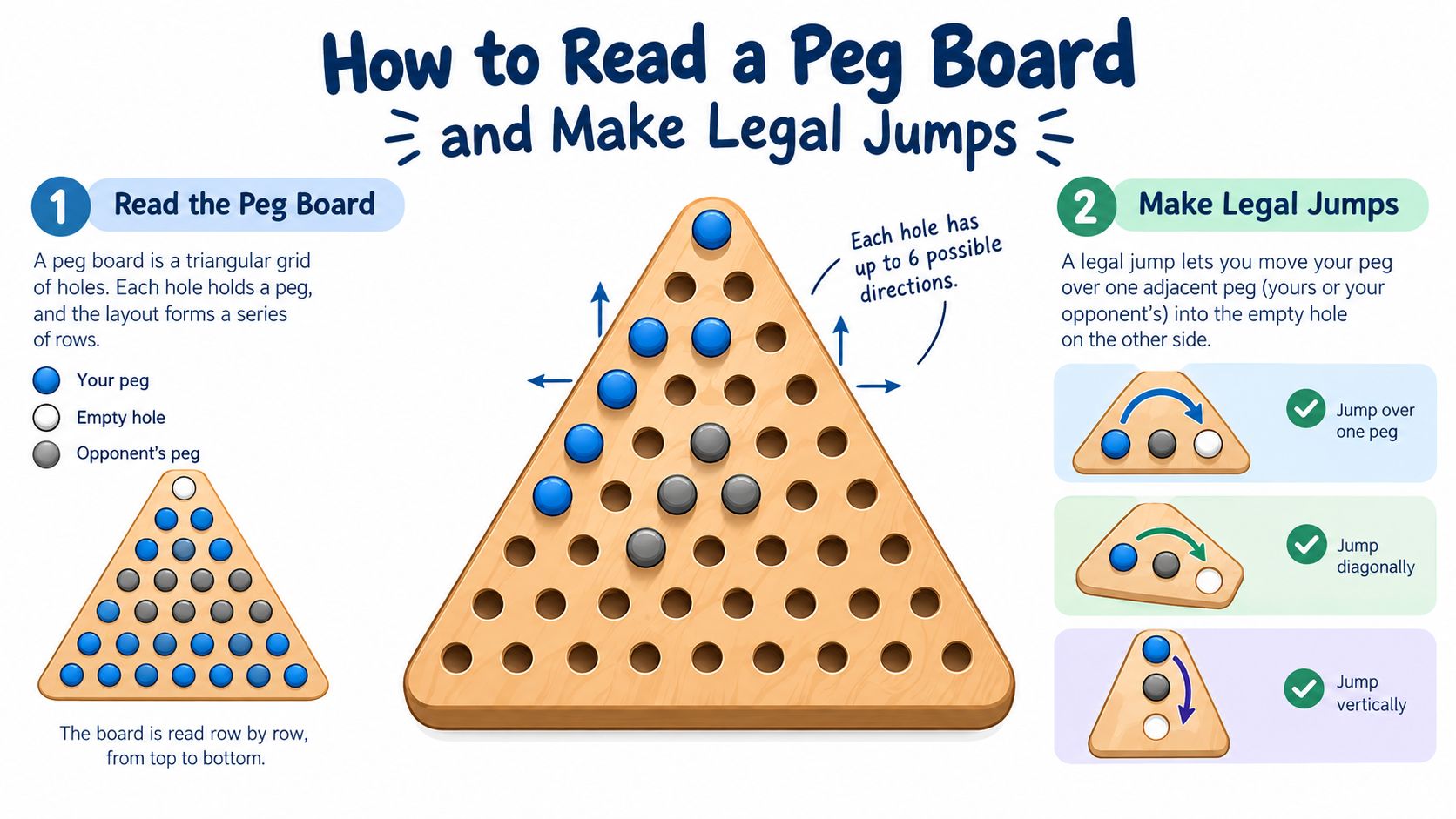 An instructional graphic explaining how to play the triangle peg solitaire game, including rules and move examples.