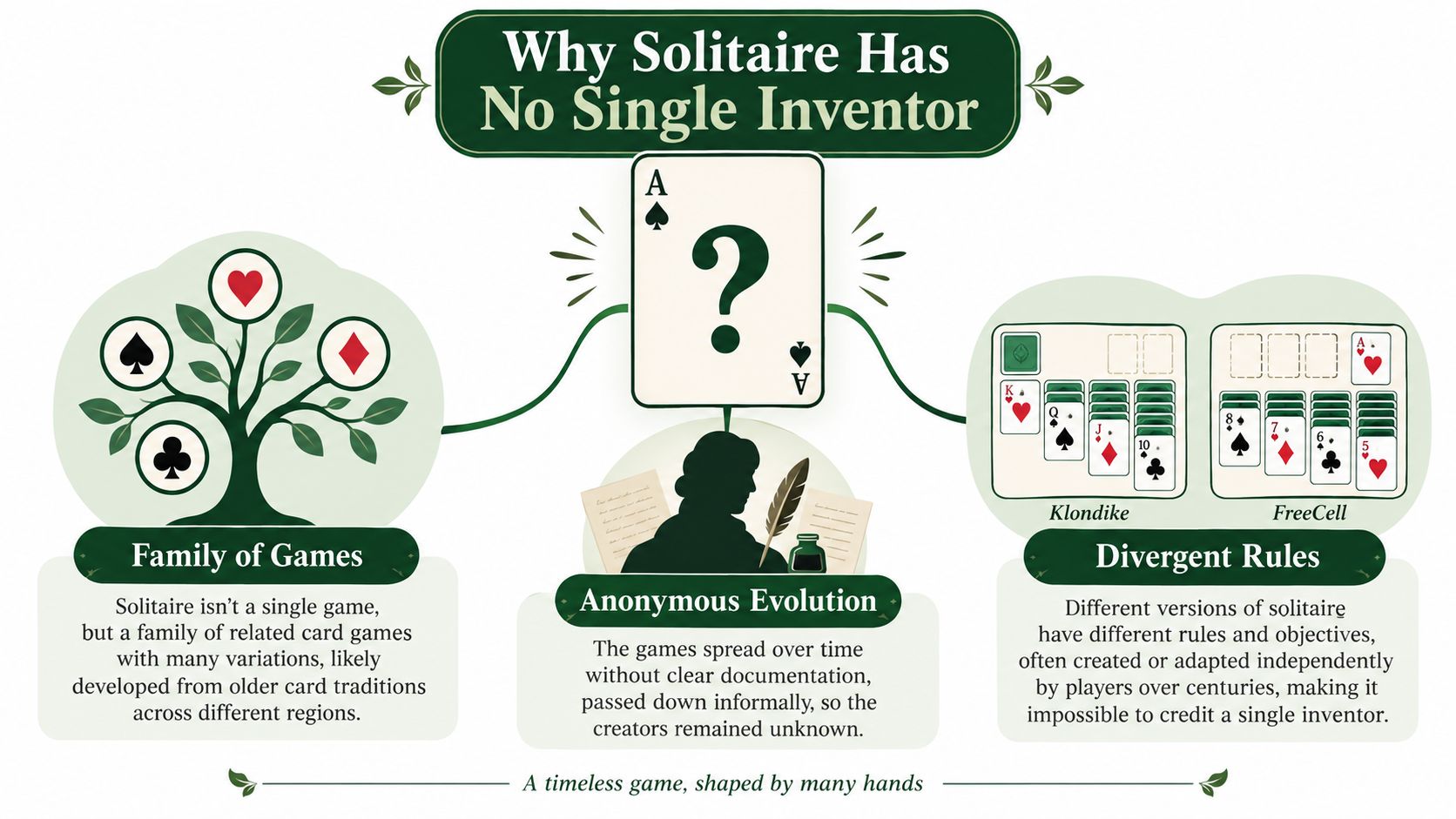 An infographic explaining that solitaire has no single inventor, evolving as a family of games over centuries.