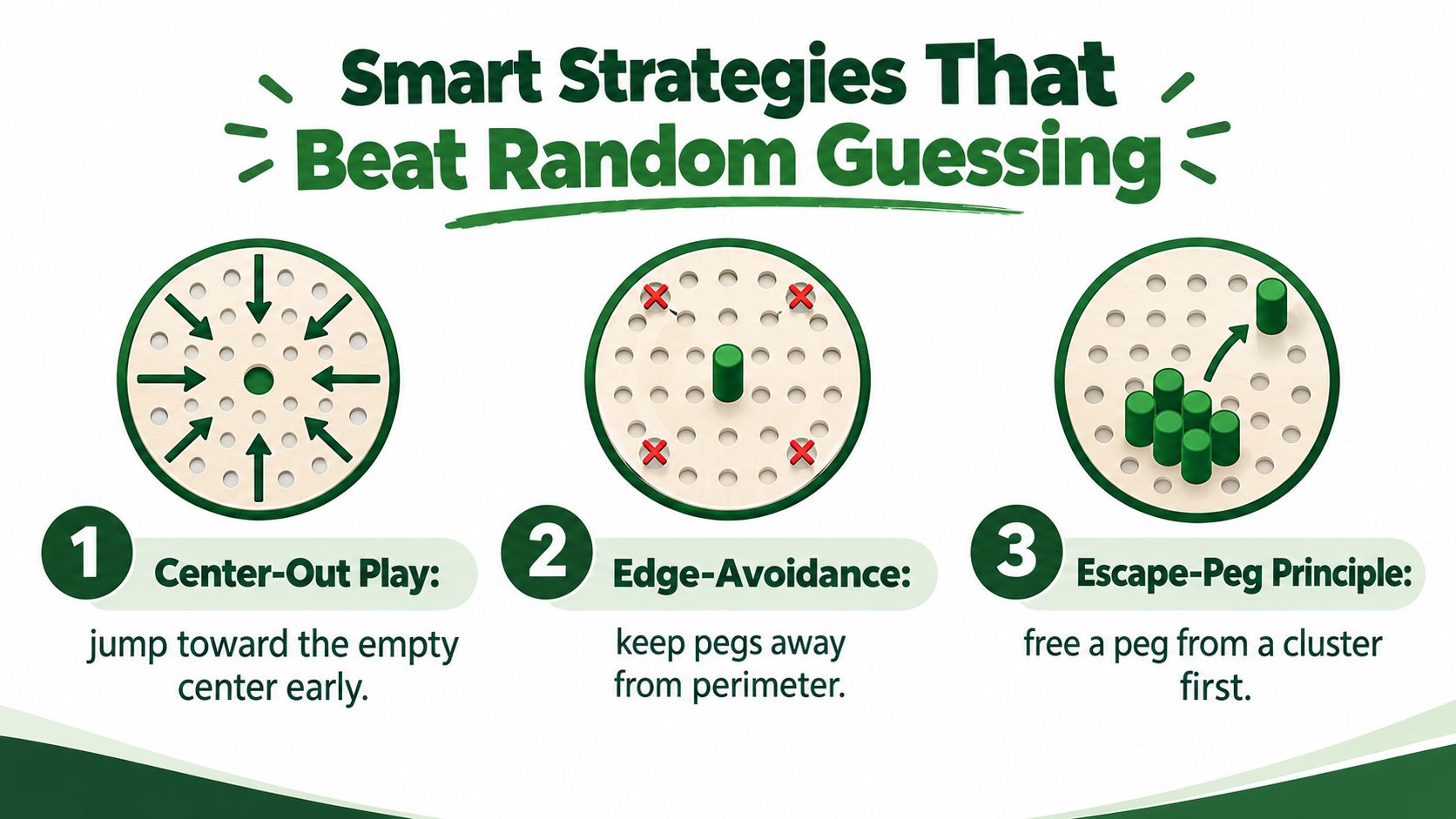 A graphic illustration demonstrating three strategic techniques for winning at the classic peg solitaire board game.